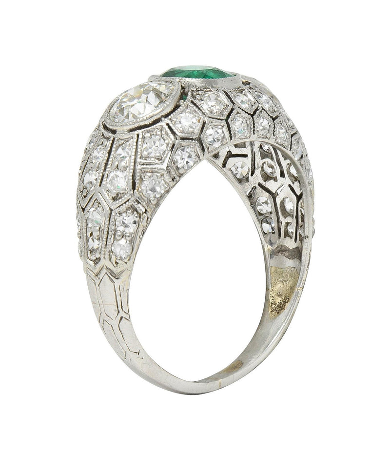 Art Deco 2.49 CTW Emerald Diamond Platinum Three Stone Antique Bombé Ring