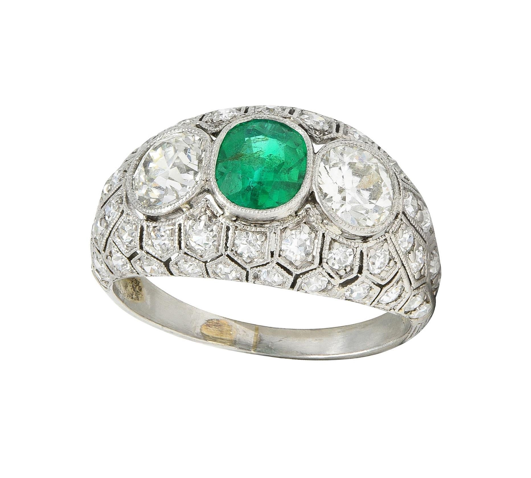 Art Deco 2.49 CTW Emerald Diamond Platinum Three Stone Antique Bombé Ring