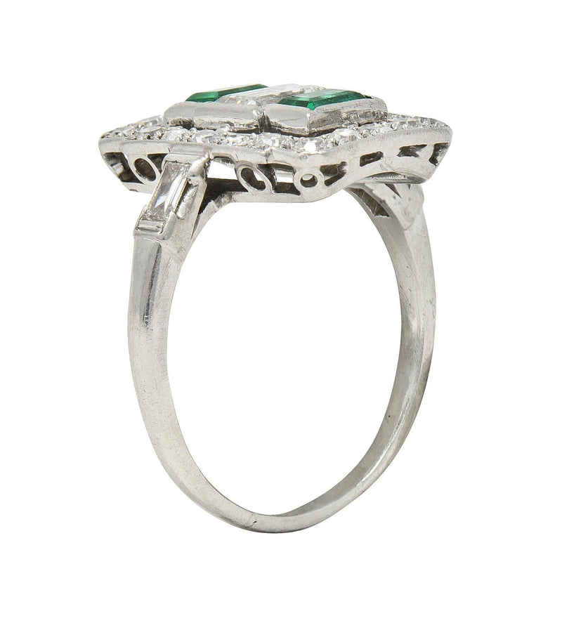 Art Deco 1.50 CTW Emerald Diamond Platinum Vintage Cluster Dinner Ring