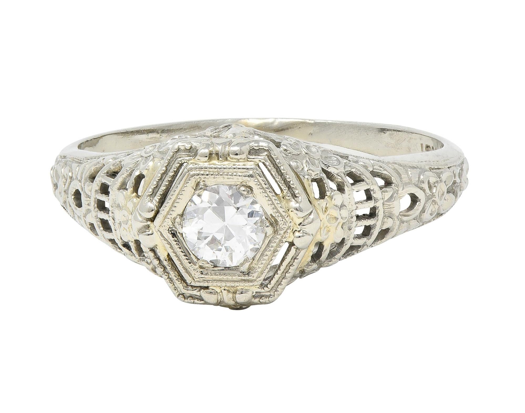 Art Deco Old European Cut Diamond 18 Karat White Gold Antique Engagement Ring