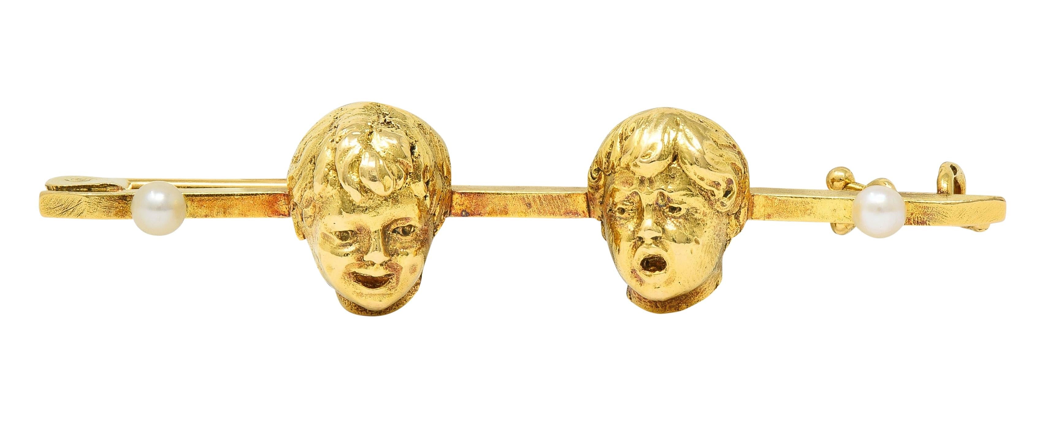 French Pearl 18 Karat Yellow Gold Comedy Tragedy Vintage Unisex Bar Brooch