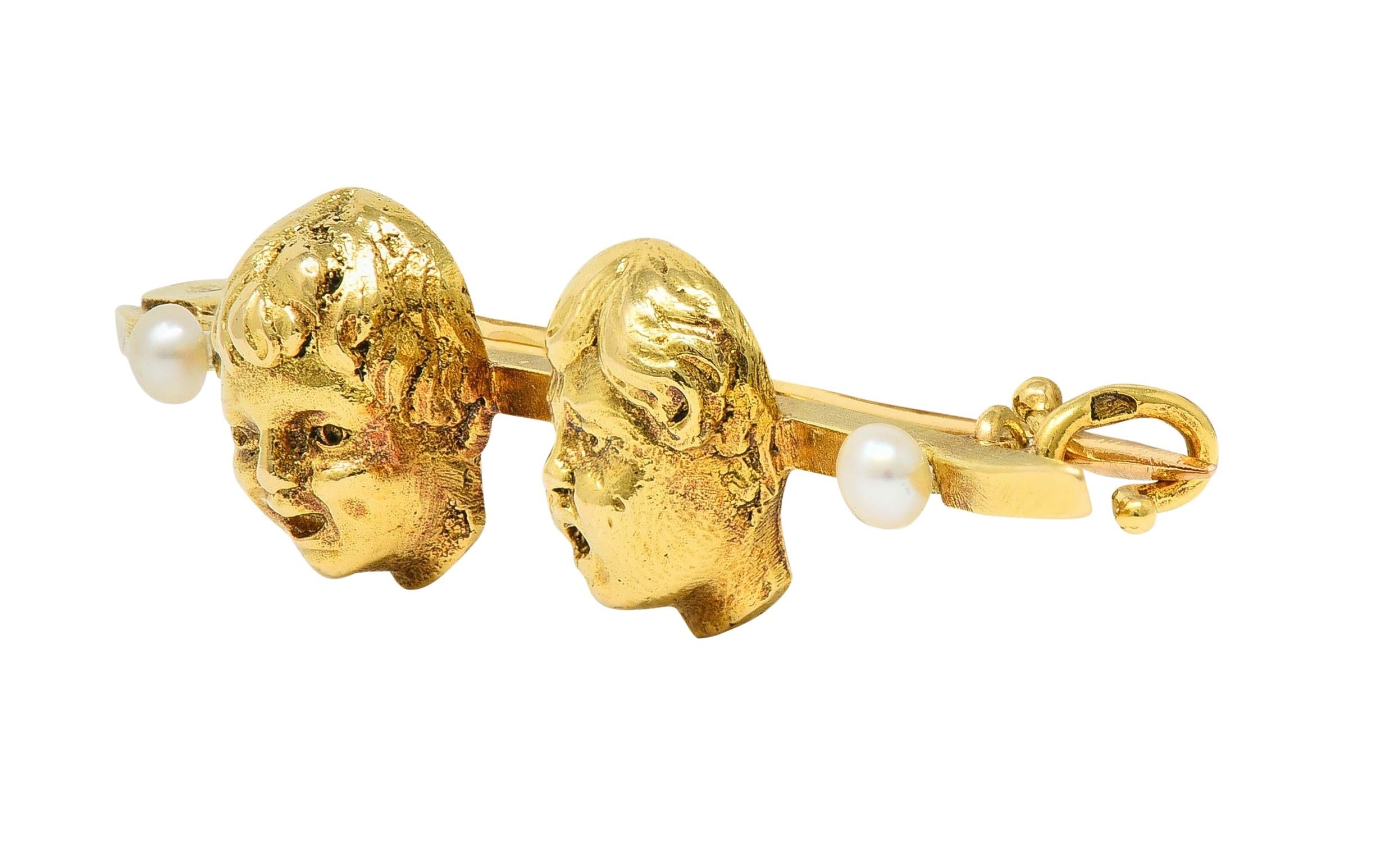 French Pearl 18 Karat Yellow Gold Comedy Tragedy Vintage Unisex Bar Brooch