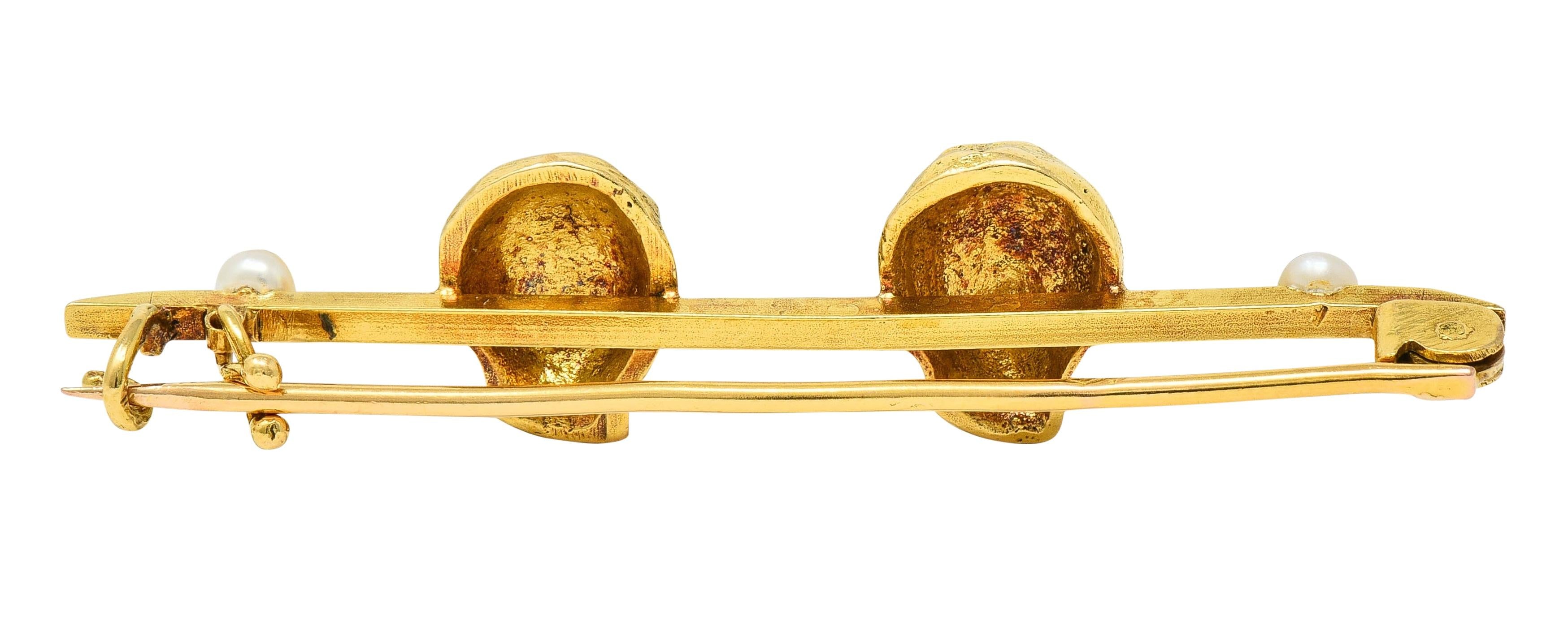 French Pearl 18 Karat Yellow Gold Comedy Tragedy Vintage Unisex Bar Brooch