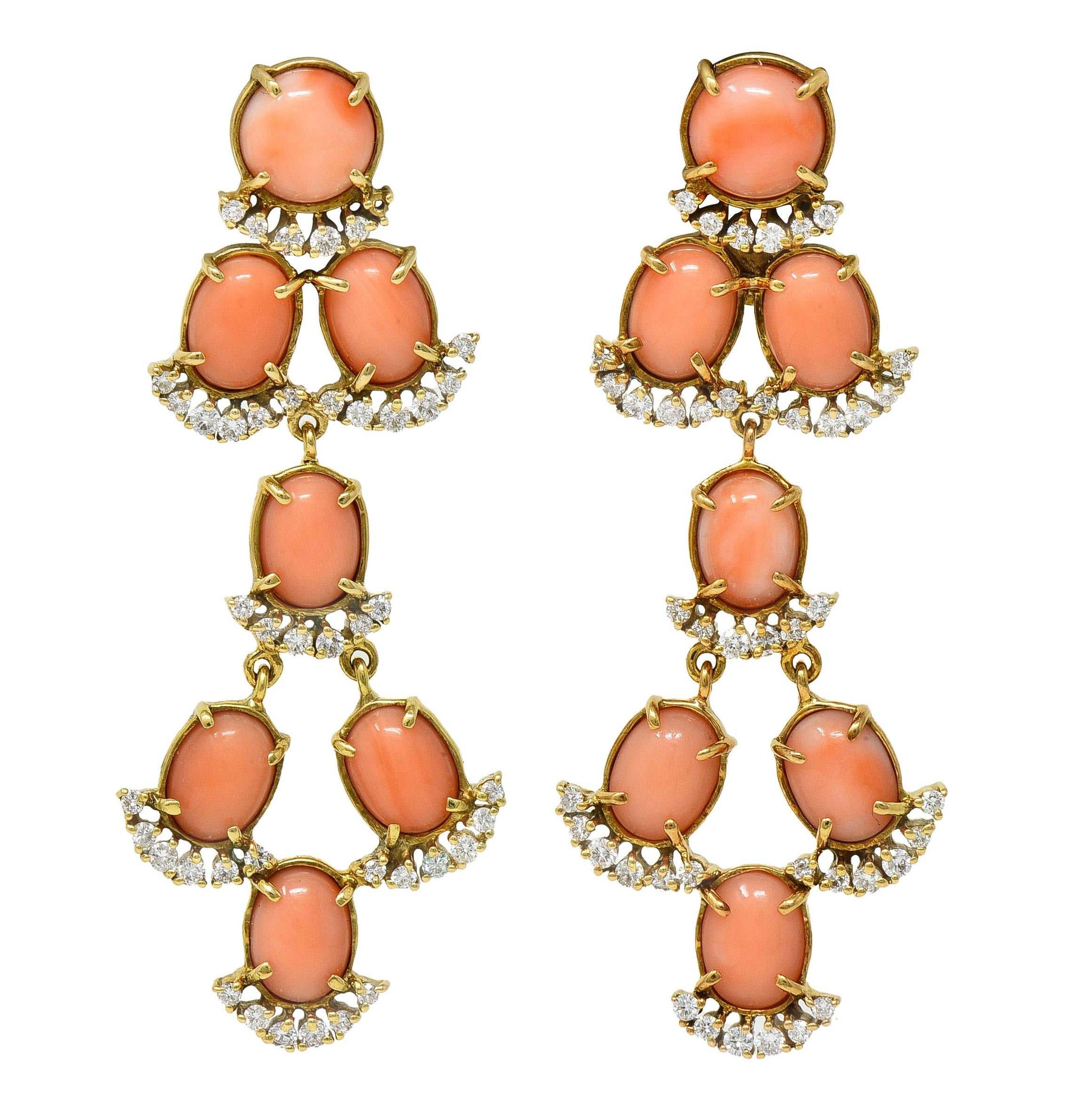 Laura Munder Diamond Coral 18 Karat Yellow Gold Chandelier Ear-Clip Earrings