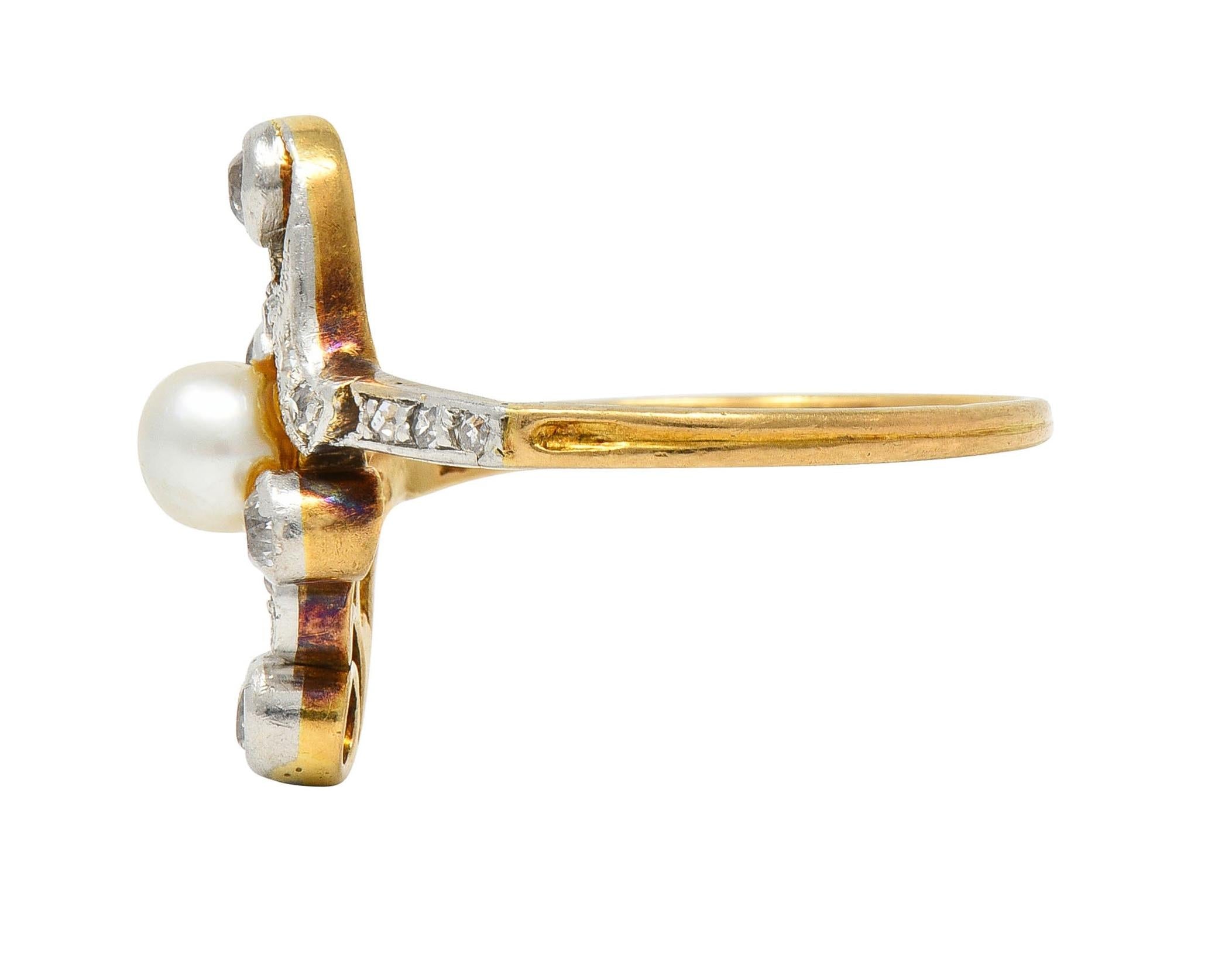 Edwardian Pearl Diamond Platinum-Topped 18 Karat Gold Antique Navette Ring