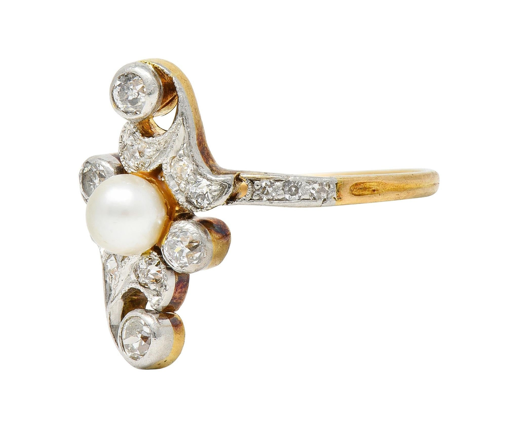 Edwardian Pearl Diamond Platinum-Topped 18 Karat Gold Antique Navette Ring