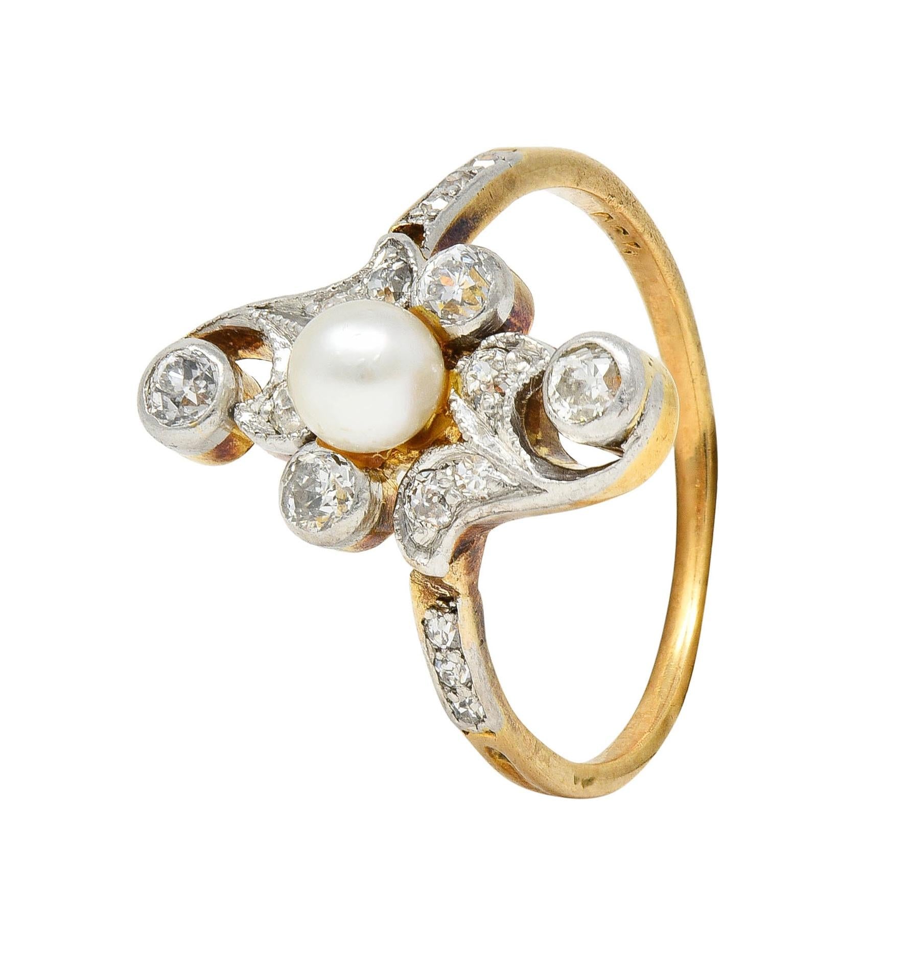 Edwardian Pearl Diamond Platinum-Topped 18 Karat Gold Antique Navette Ring