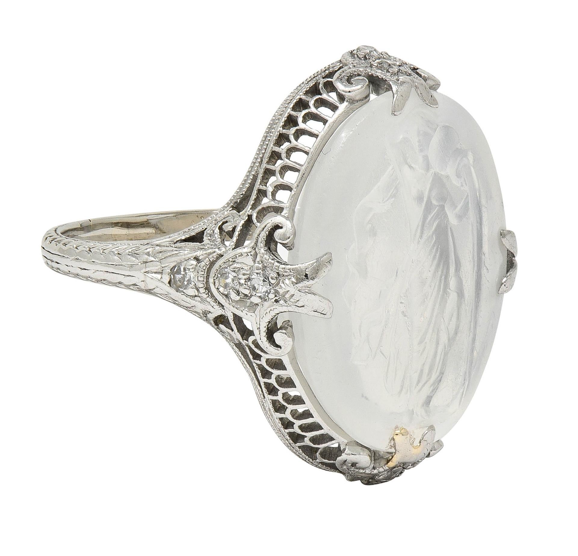 Edwardian Moonstone Diamond Platinum Antique Carved Venus Intaglio Ring