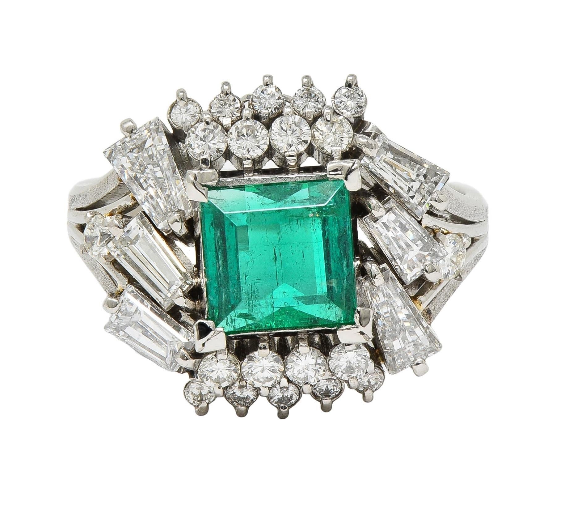 Mid-Century 2.79 CTW Colombian Emerald Diamond Platinum Vintage Cluster Ring GIA