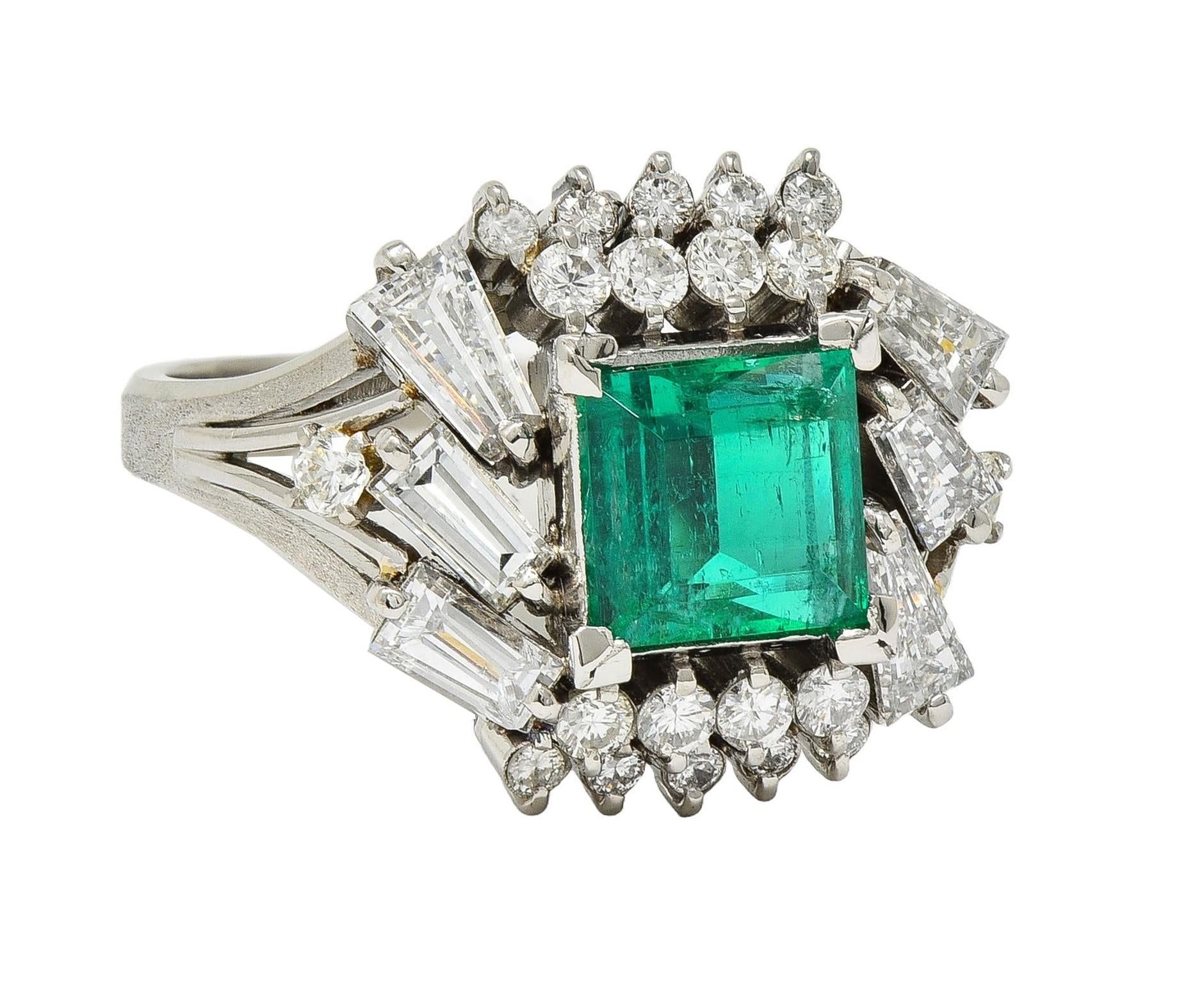 Mid-Century 2.79 CTW Colombian Emerald Diamond Platinum Vintage Cluster Ring GIA