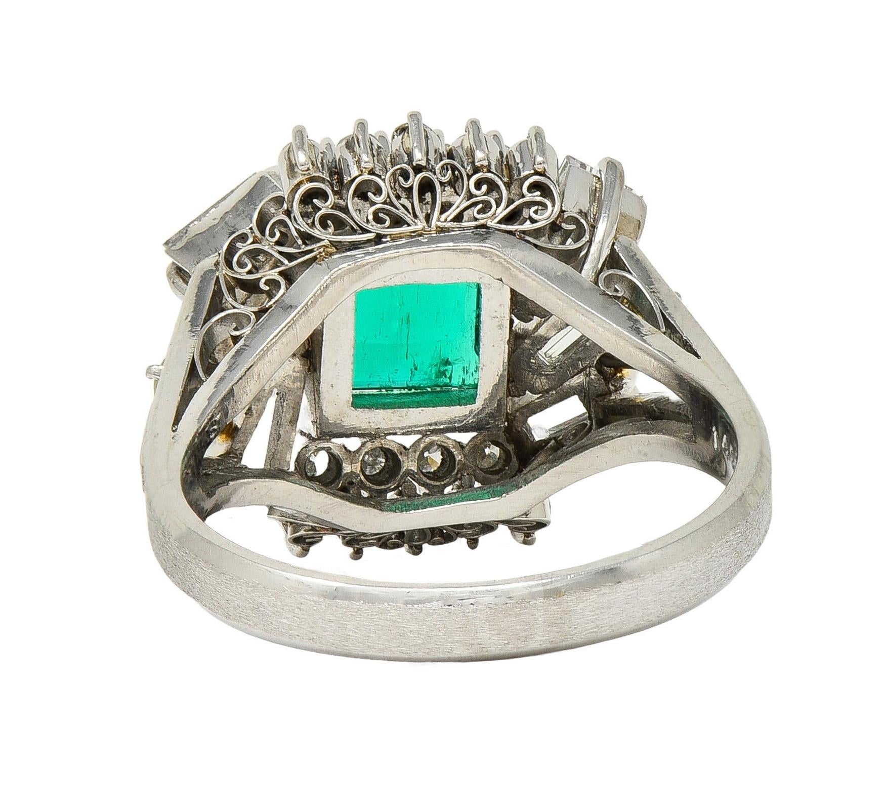 Mid-Century 2.79 CTW Colombian Emerald Diamond Platinum Vintage Cluster Ring GIA