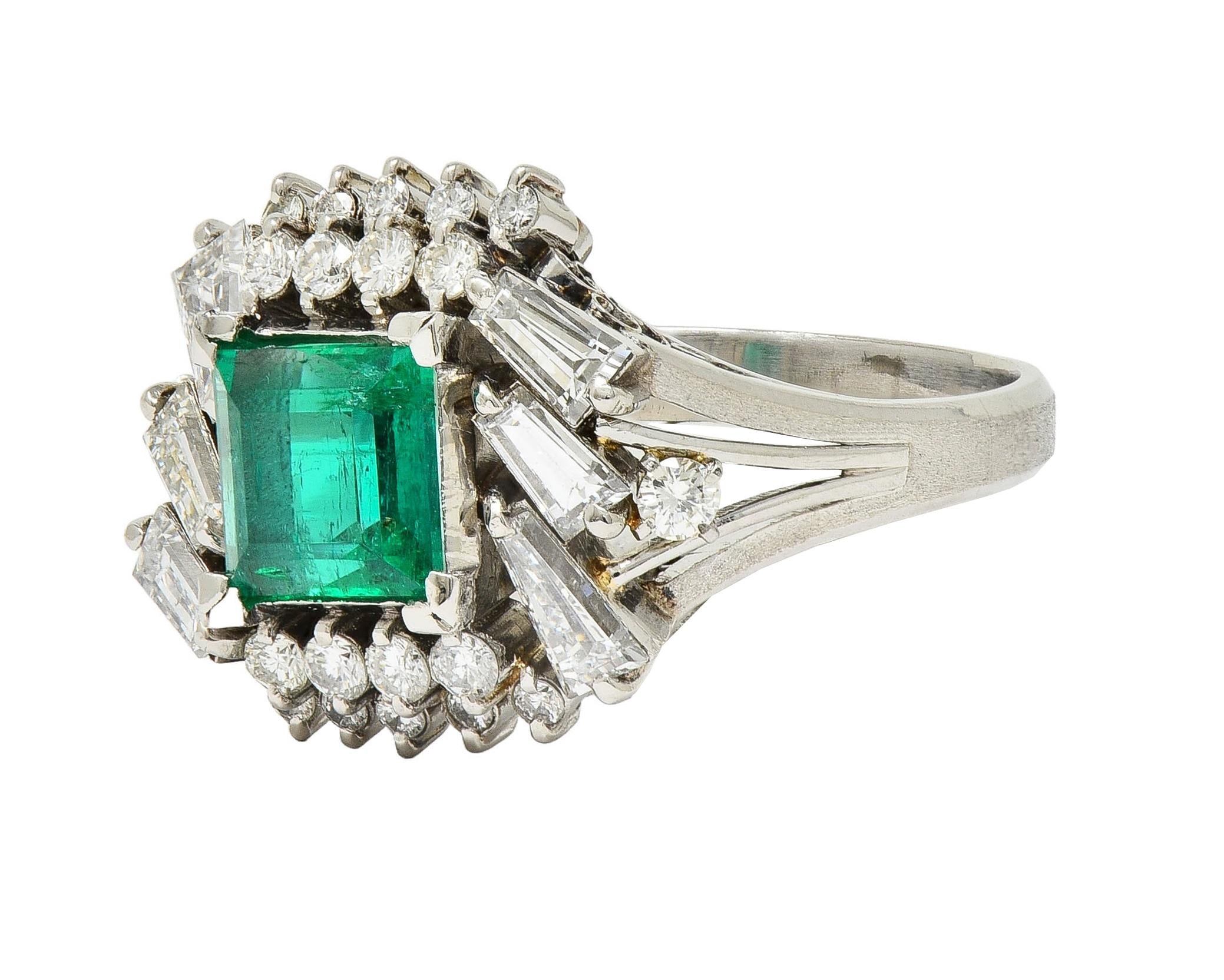 Mid-Century 2.79 CTW Colombian Emerald Diamond Platinum Vintage Cluster Ring GIA