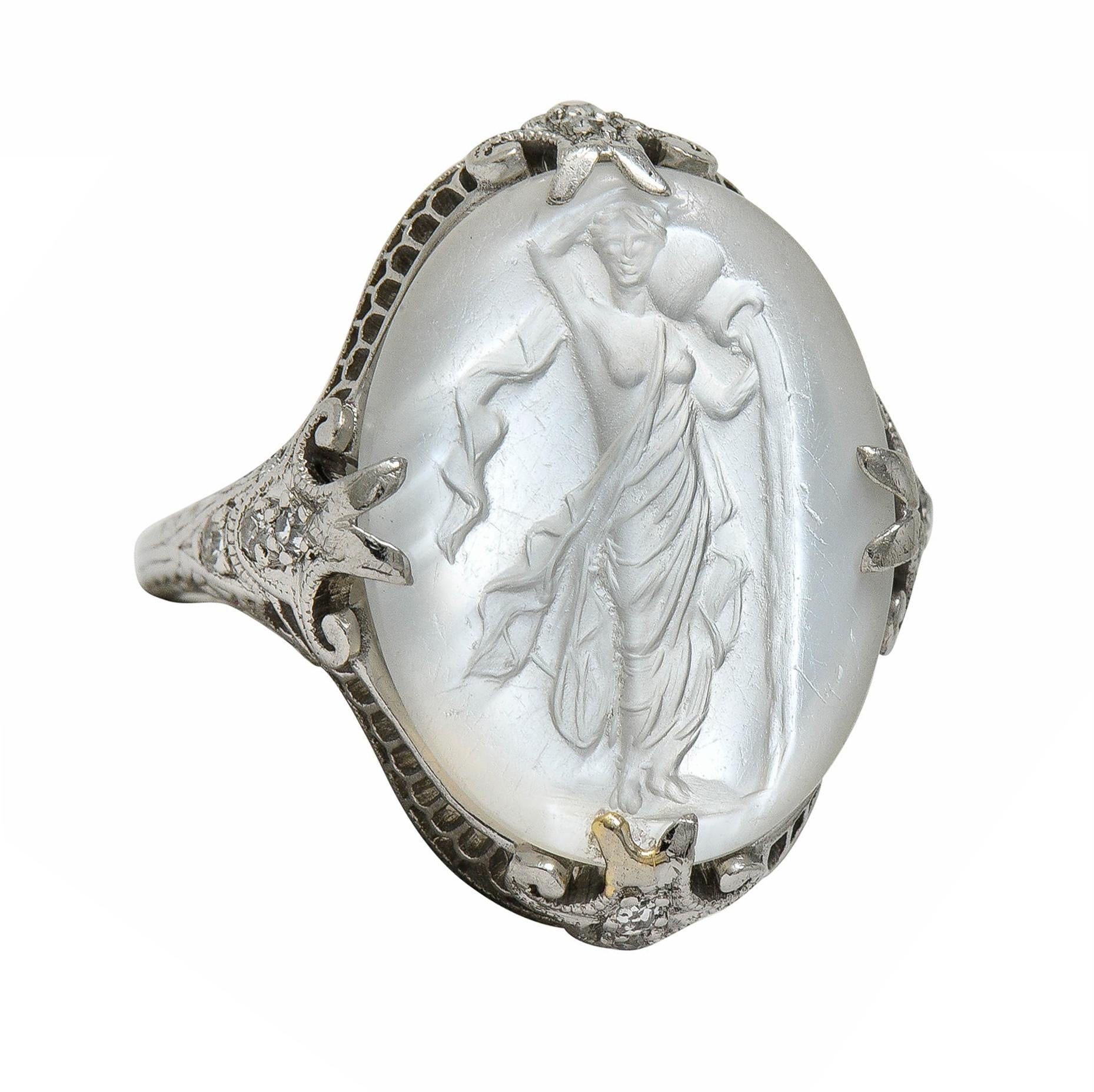 Edwardian Moonstone Diamond Platinum Antique Carved Venus Intaglio Ring