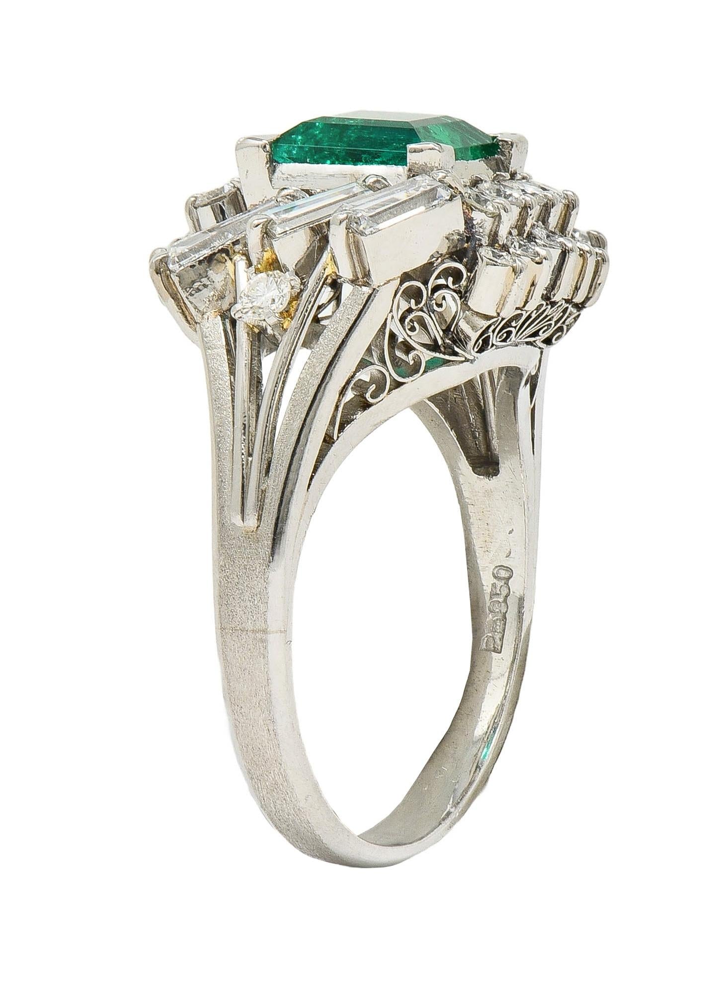 Mid-Century 2.79 CTW Colombian Emerald Diamond Platinum Vintage Cluster Ring GIA