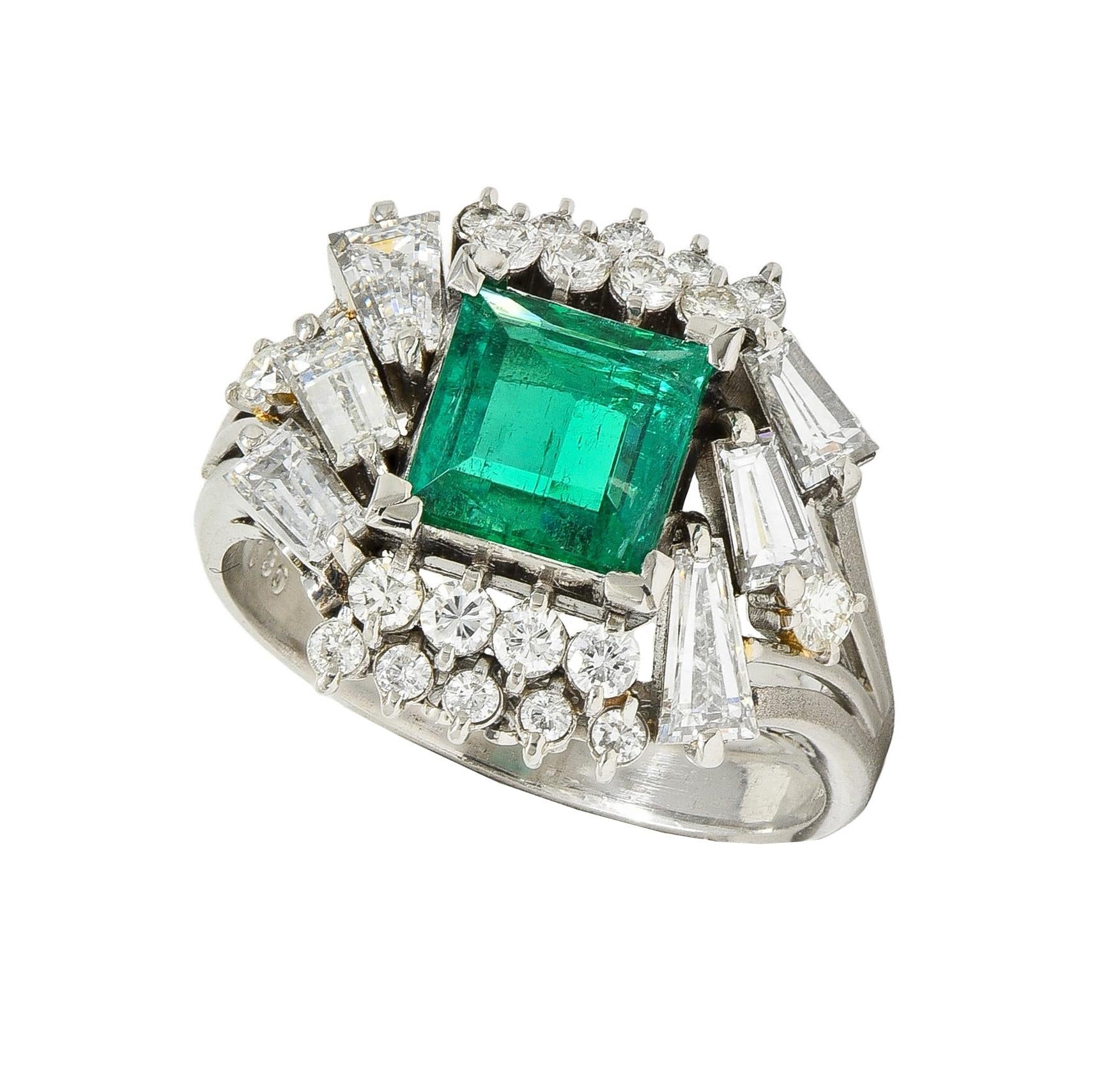 Mid-Century 2.79 CTW Colombian Emerald Diamond Platinum Vintage Cluster Ring GIA