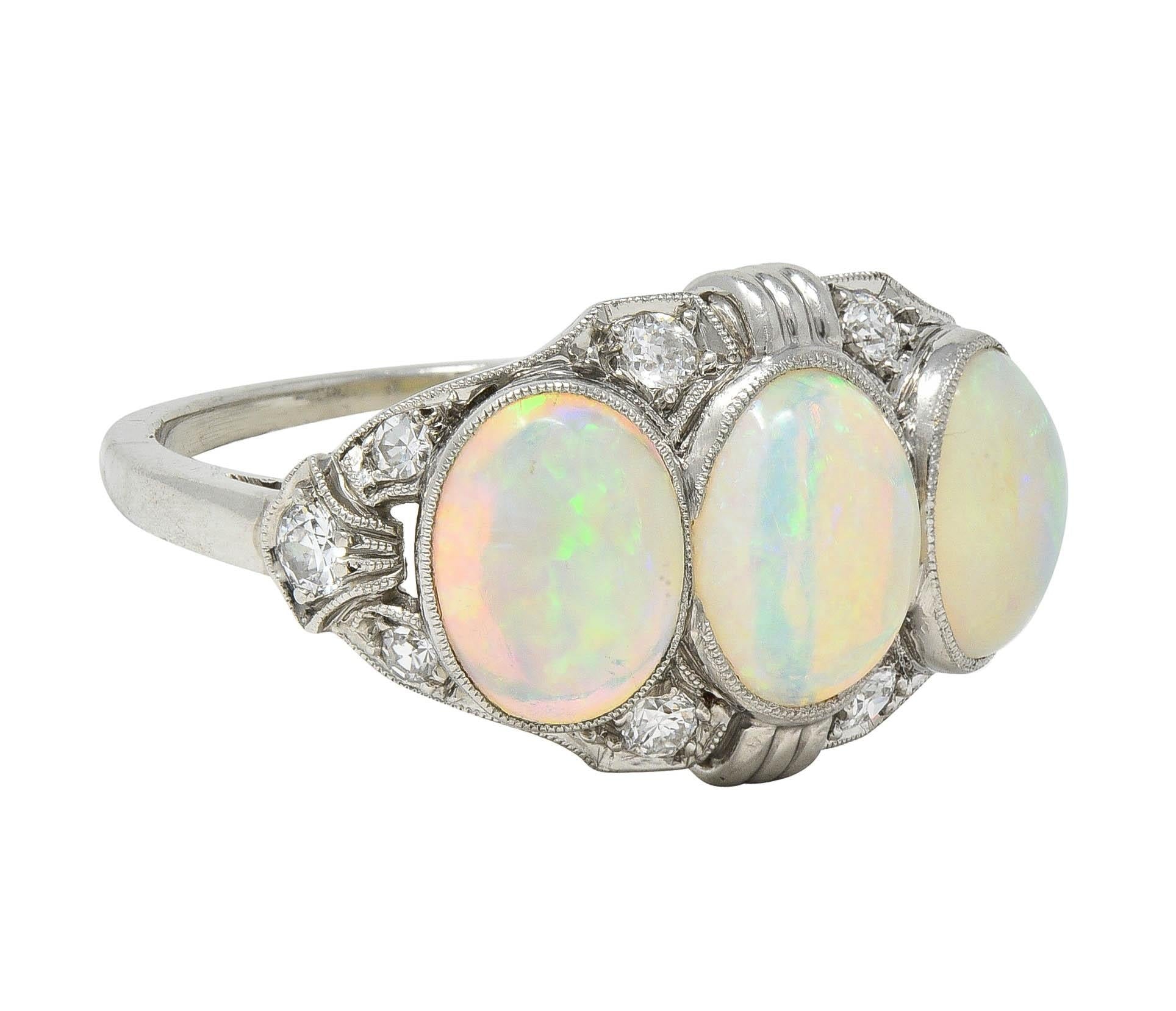 Late Art Deco Opal Cabochon Diamond Platinum Vintage Dinner Band Ring