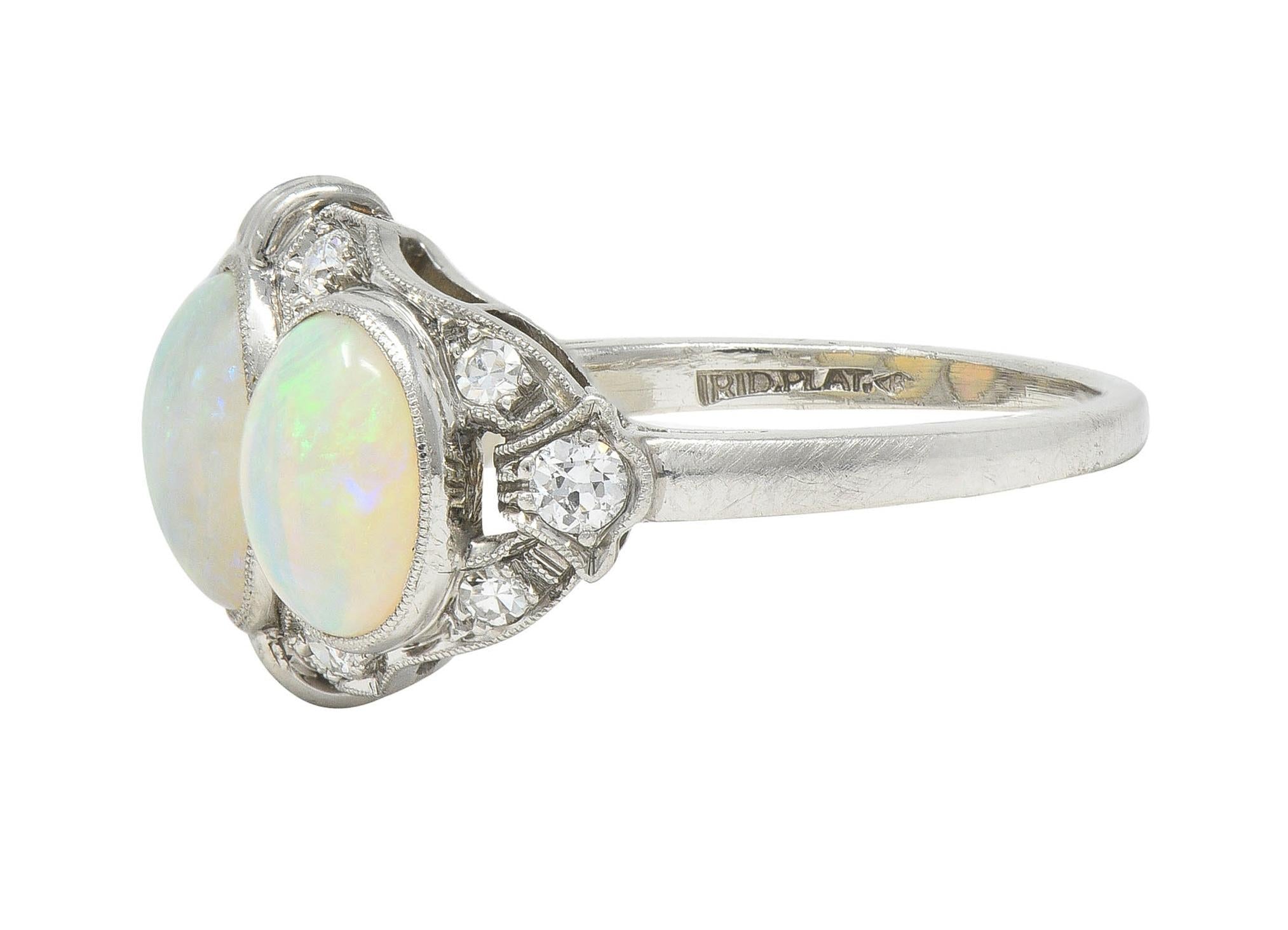 Late Art Deco Opal Cabochon Diamond Platinum Vintage Dinner Band Ring