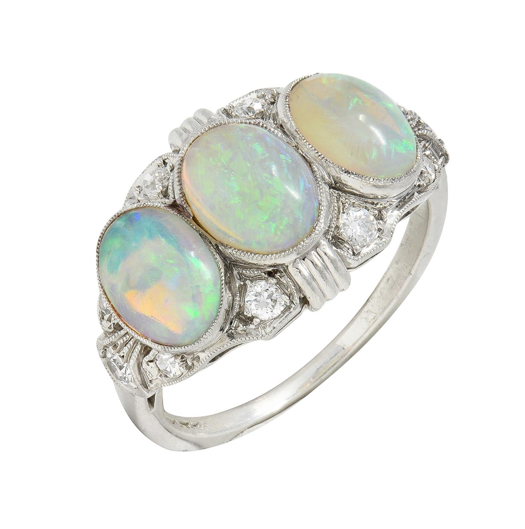 Late Art Deco Opal Cabochon Diamond Platinum Vintage Dinner Band Ring