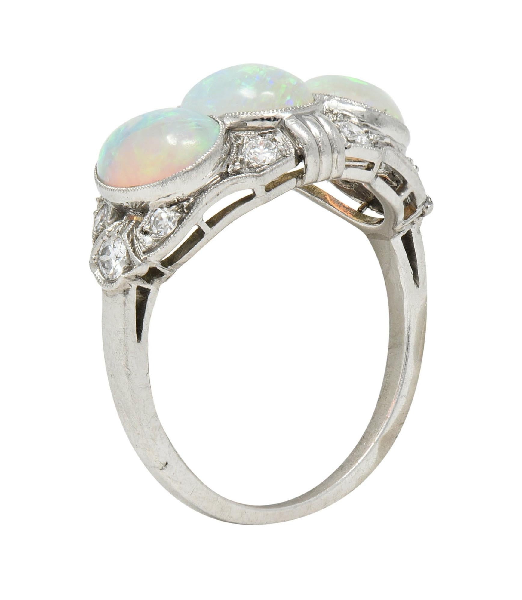 Late Art Deco Opal Cabochon Diamond Platinum Vintage Dinner Band Ring