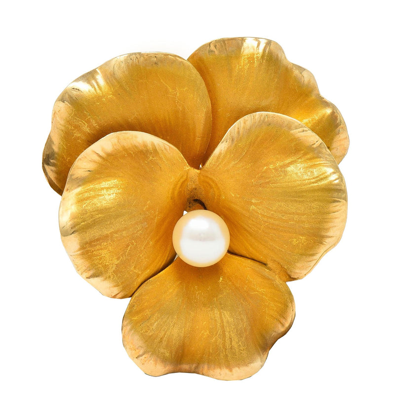 Fisher & Co. Pearl 14 Karat Yellow Gold Vintage Pansy Flower Brooch