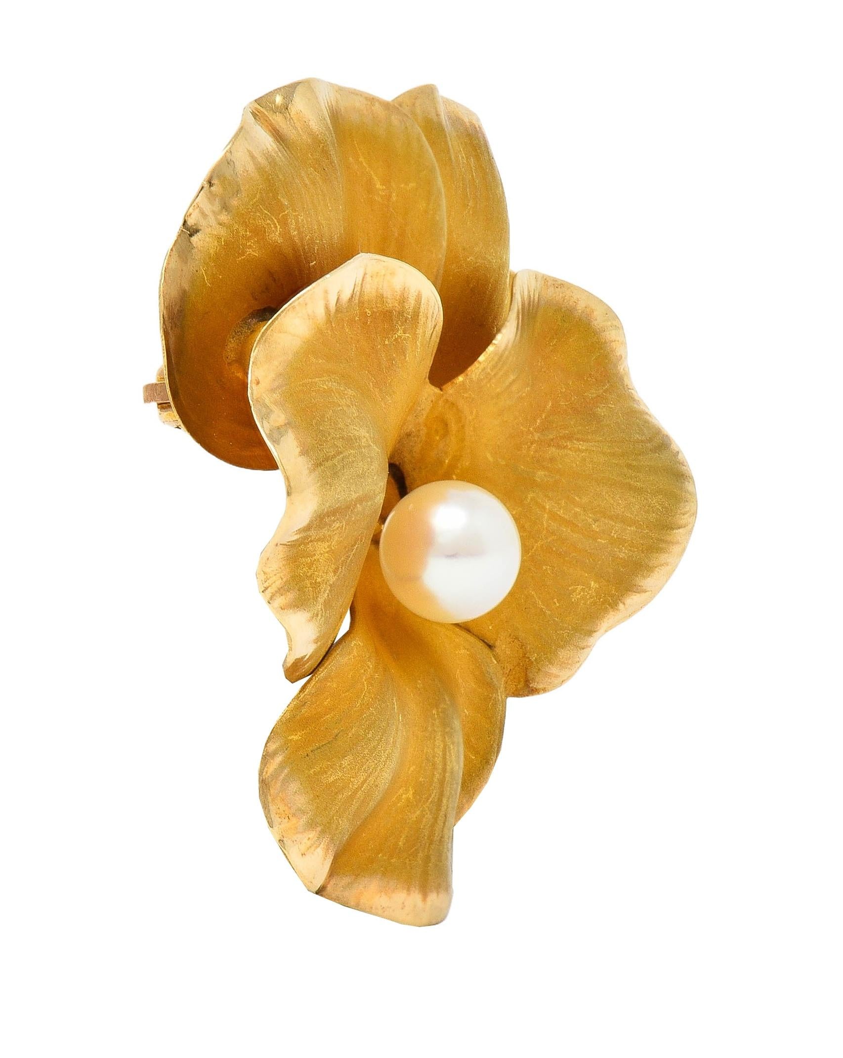 Fisher & Co. Pearl 14 Karat Yellow Gold Vintage Pansy Flower Brooch