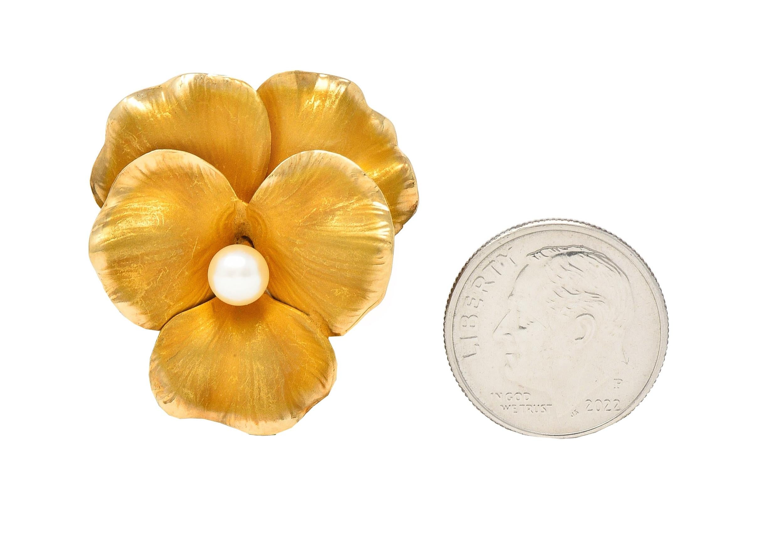 Fisher & Co. Pearl 14 Karat Yellow Gold Vintage Pansy Flower Brooch