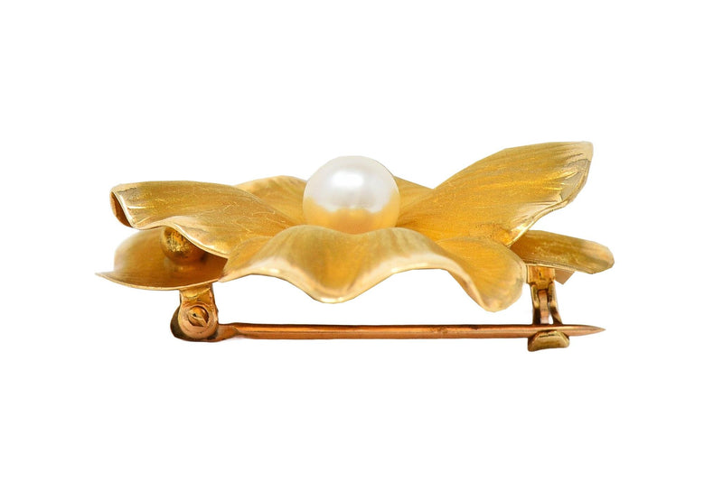 Fisher & Co. Pearl 14 Karat Yellow Gold Vintage Pansy Flower Brooch