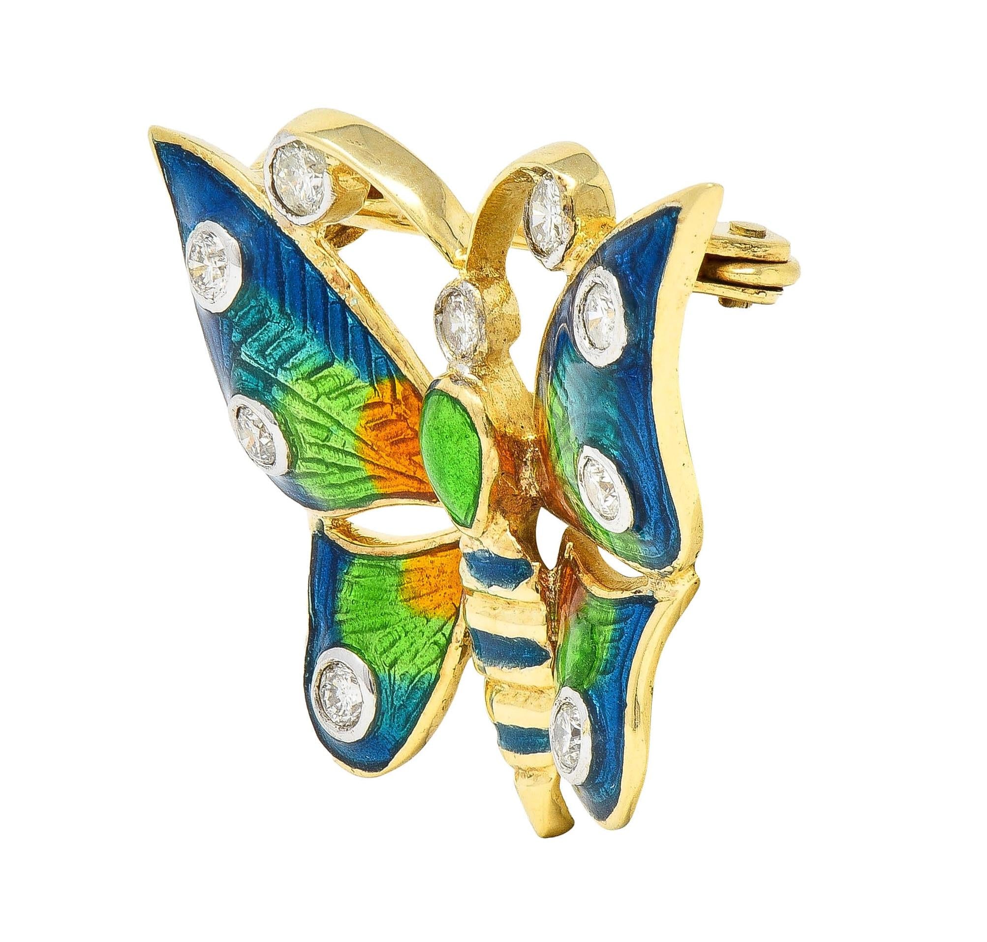 1970's Diamond Enamel 14 Karat Two-Tone Gold Vintage Butterfly Brooch