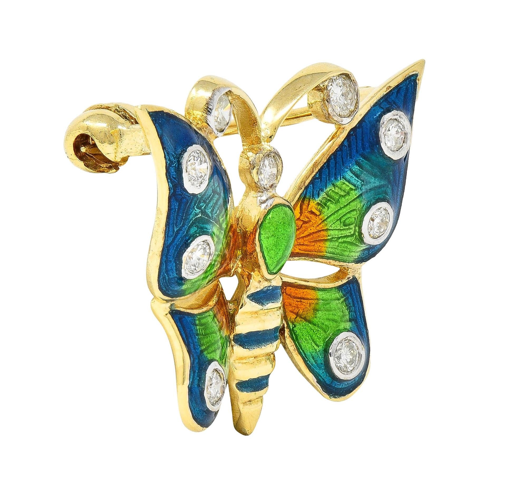 1970's Diamond Enamel 14 Karat Two-Tone Gold Vintage Butterfly Brooch