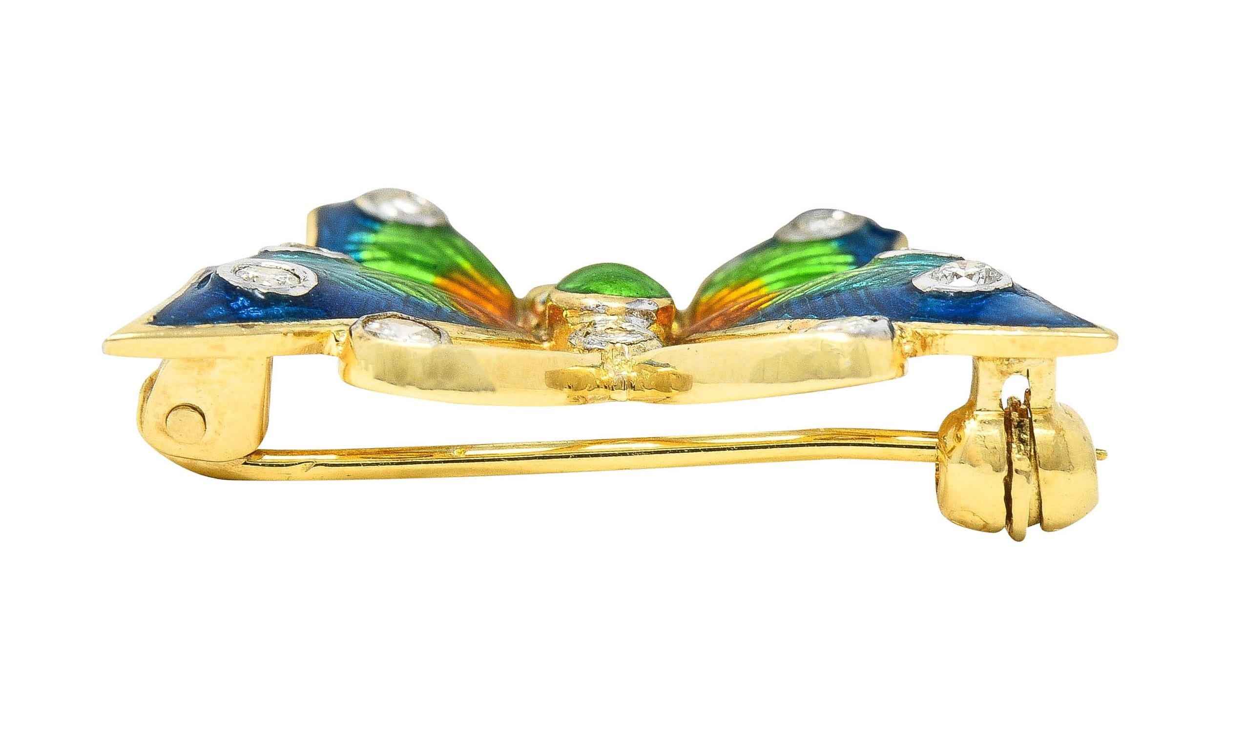 1970's Diamond Enamel 14 Karat Two-Tone Gold Vintage Butterfly Brooch