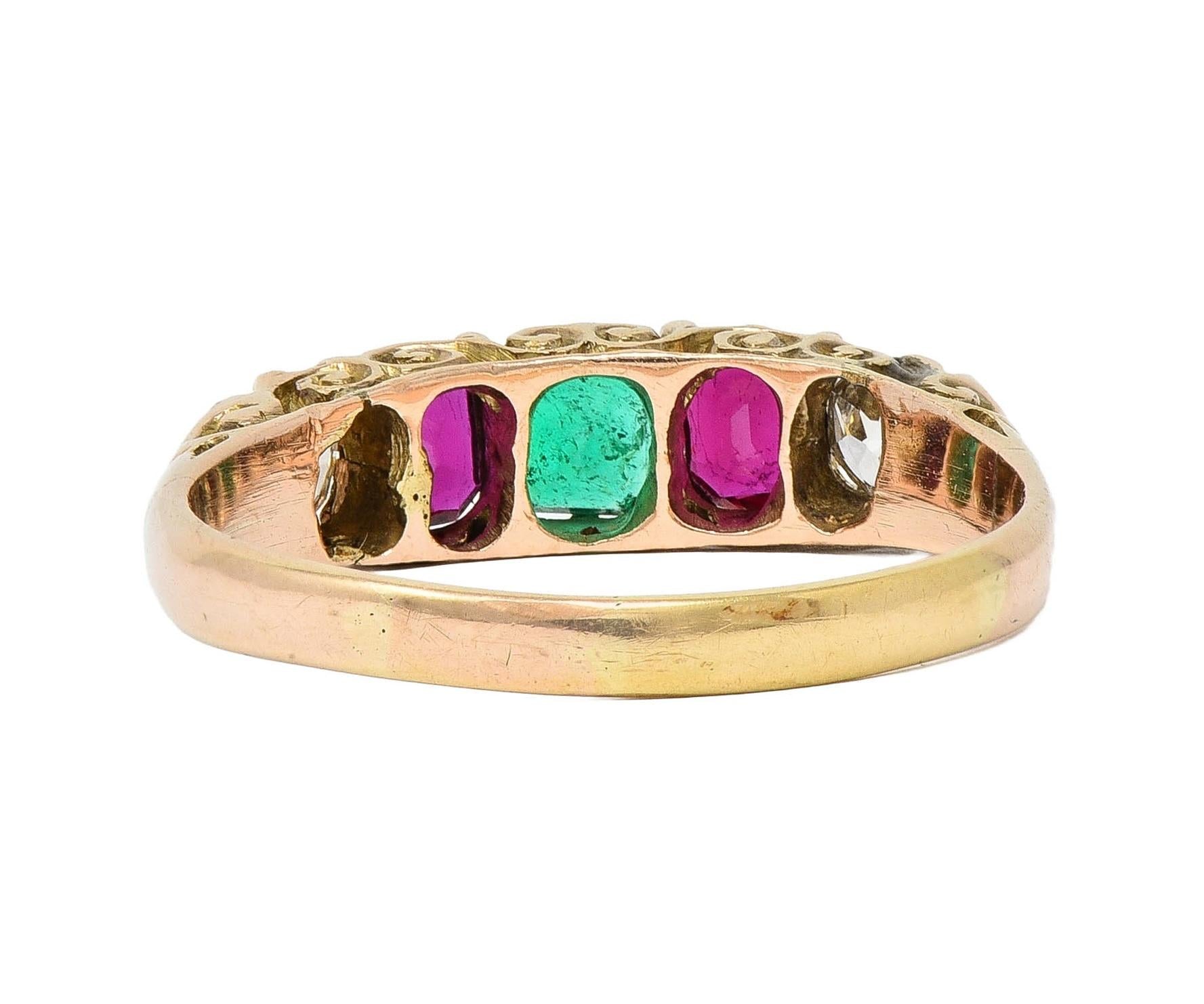 Victorian 1.10 CTW Ruby Emerald Diamond 14 Karat Yellow Gold Antique Band Ring