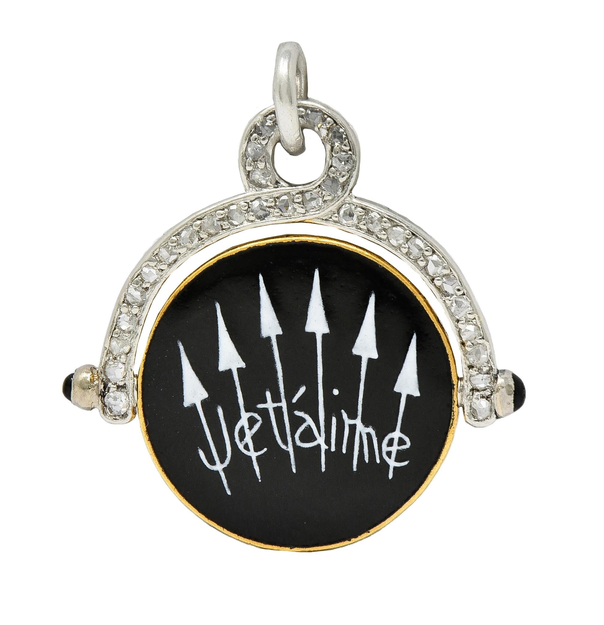 Art Deco Diamond Enamel Platinum 18 Karat Gold Vintage Je T'Aime Flip Pendant