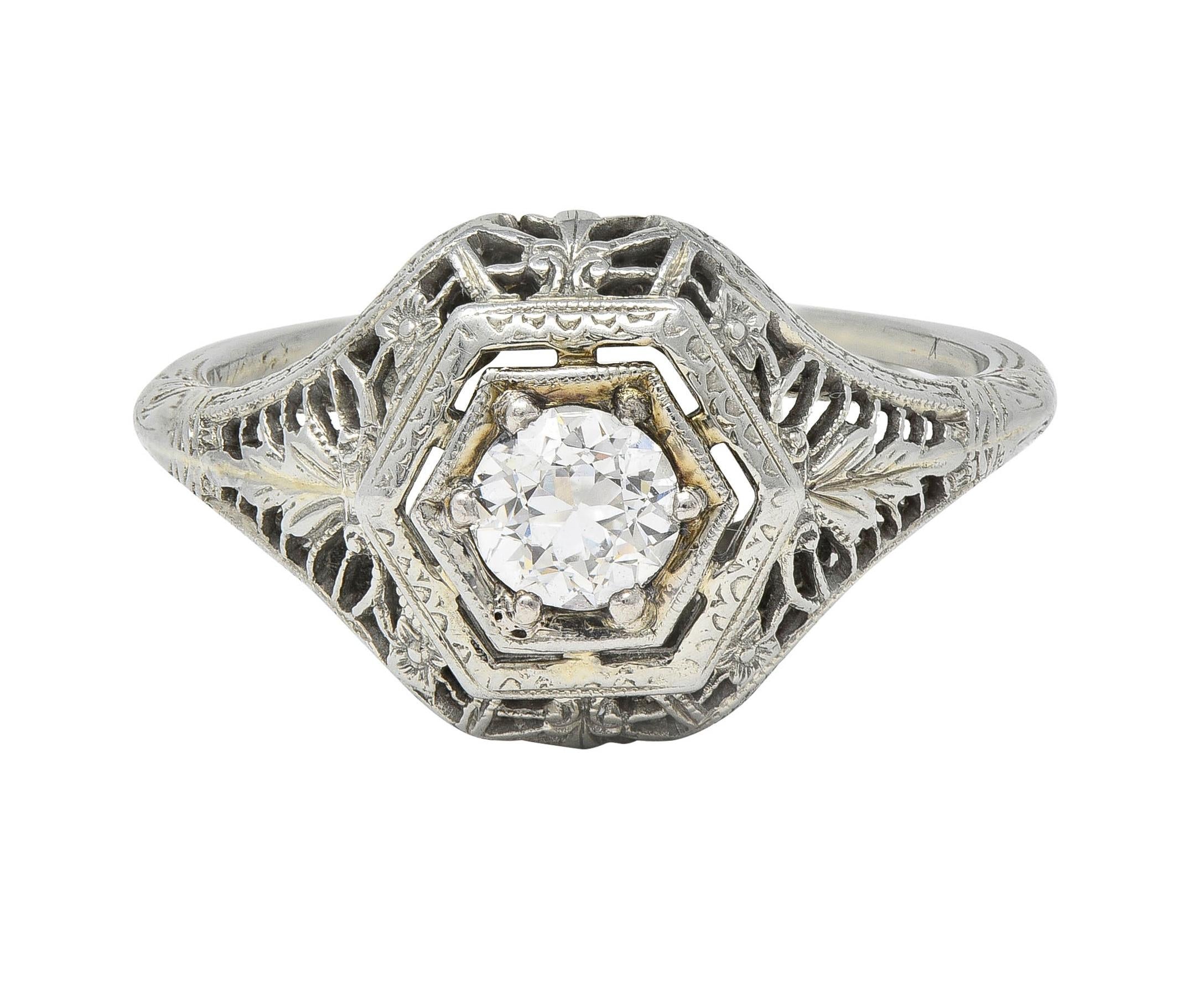 Art Deco Old European Cut Diamond Platinum Floral Vintage Engagement Ring