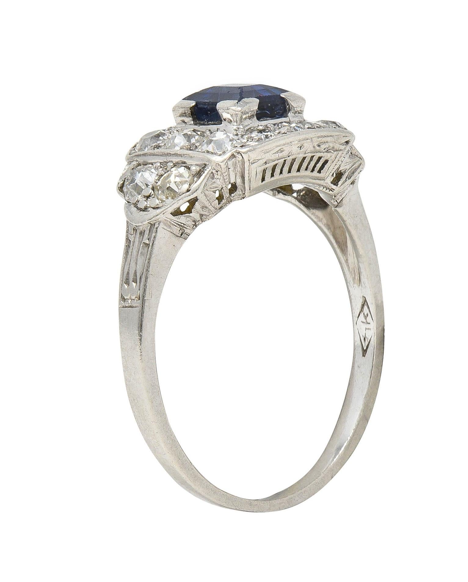 Art Deco 1.38 CTW Sapphire Diamond Platinum Vintage Cluster Ring