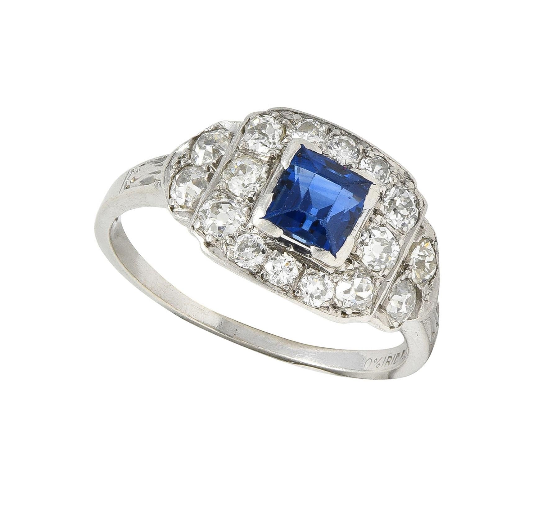 Art Deco 1.38 CTW Sapphire Diamond Platinum Vintage Cluster Ring