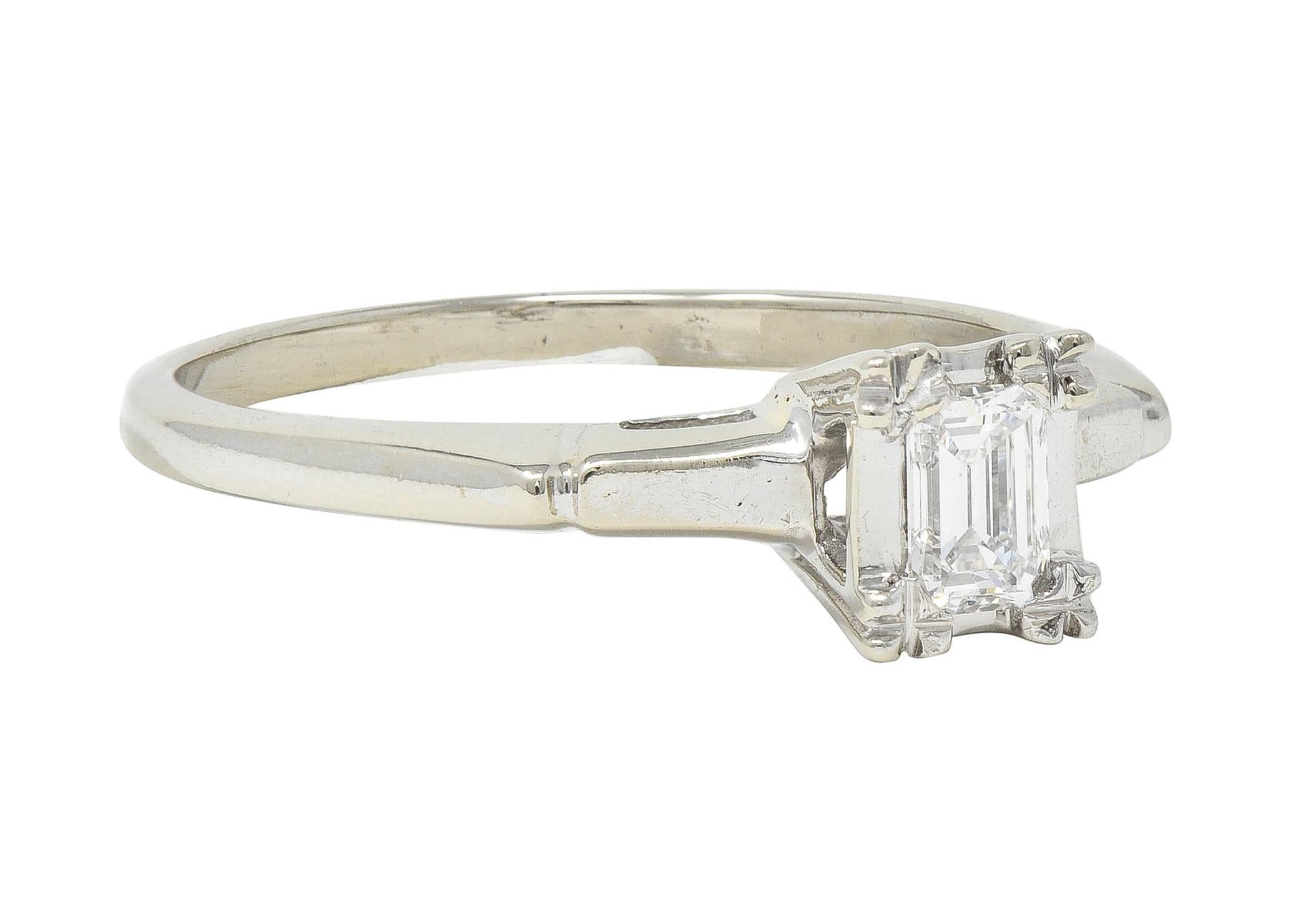 Mid-Century Emerald Cut Diamond Platinum 14K White Gold Vintage Engagement Ring