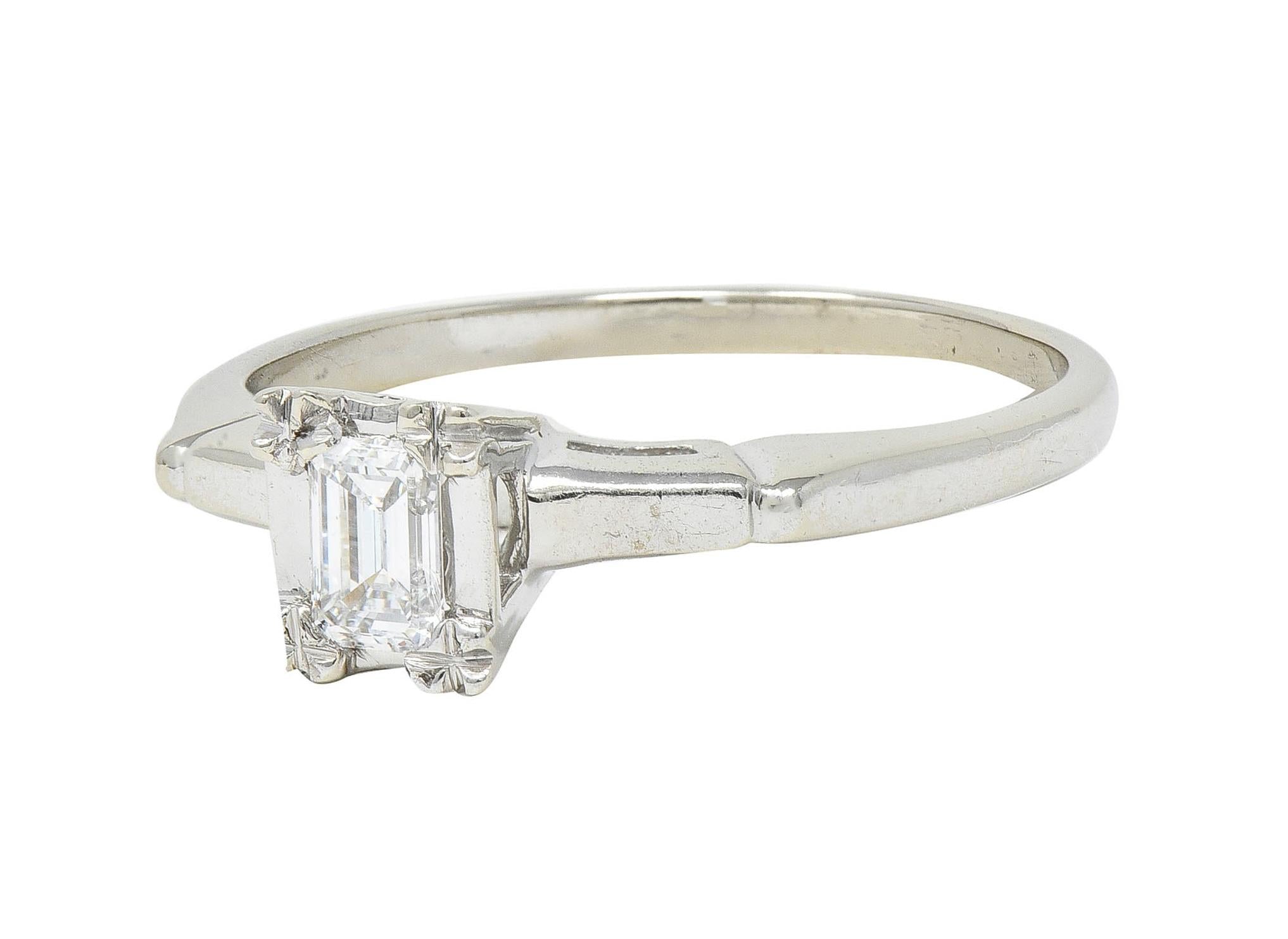 Mid-Century Emerald Cut Diamond Platinum 14K White Gold Vintage Engagement Ring