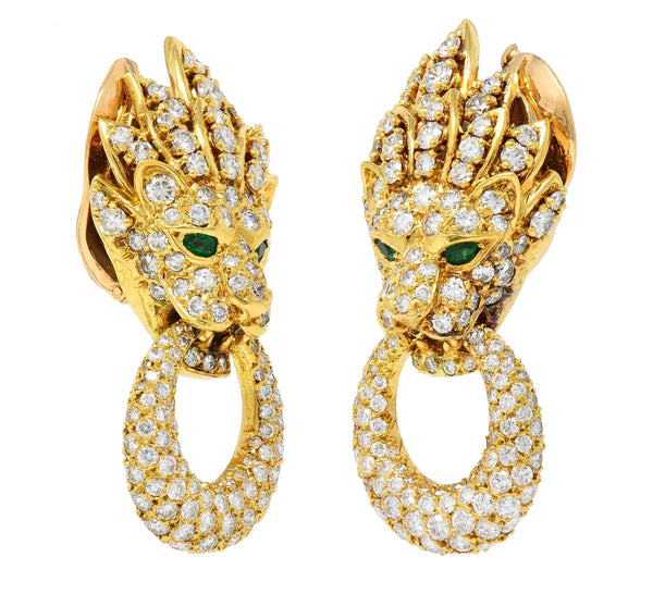 Van Cleef & Arpels L'Enfant Emerald Diamond 18K Gold Lion Door Knocker Earrings