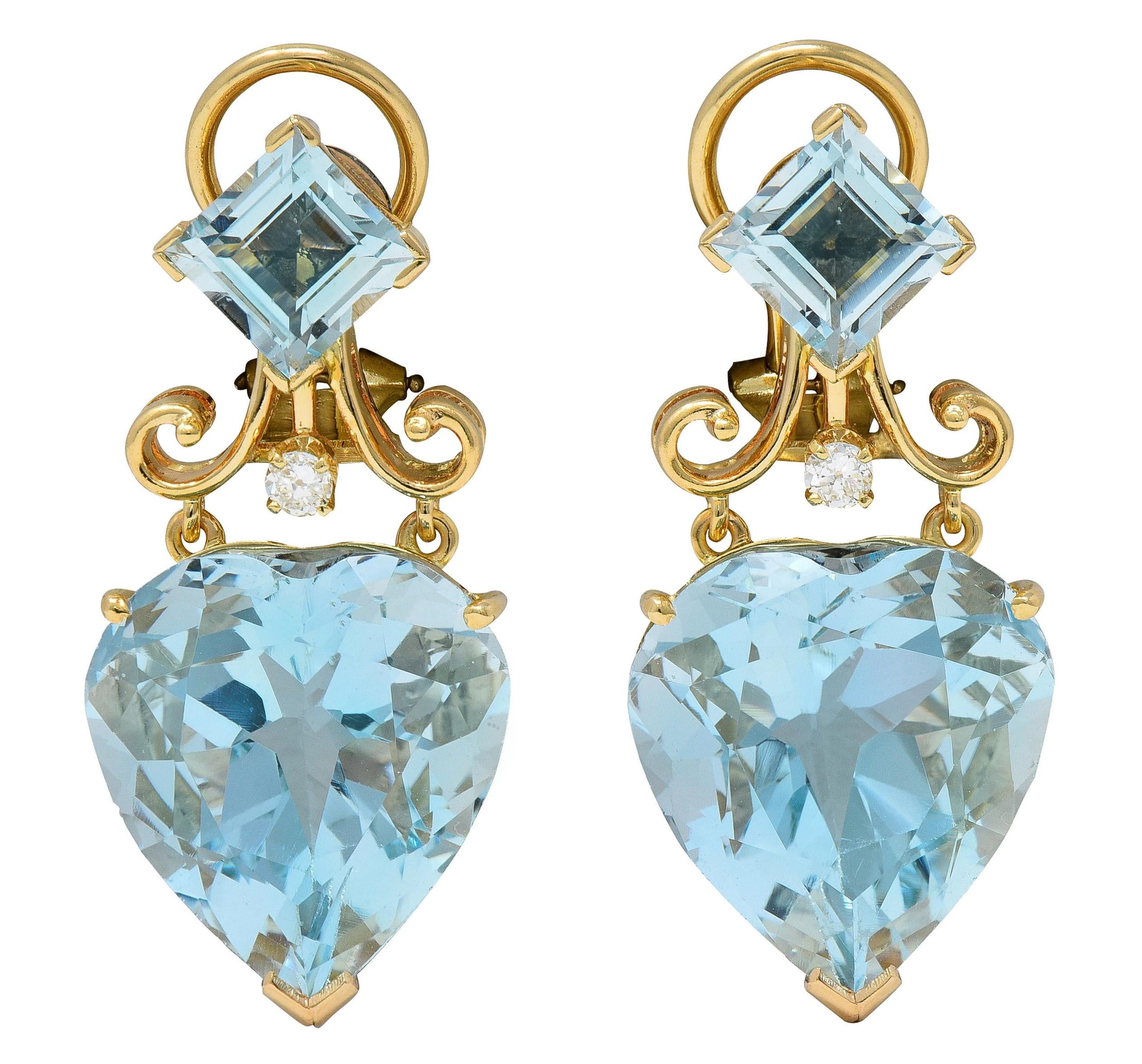 37.52 CTW Aquamarine Diamond 14 Karat Yellow Gold Heart Drop Earrings