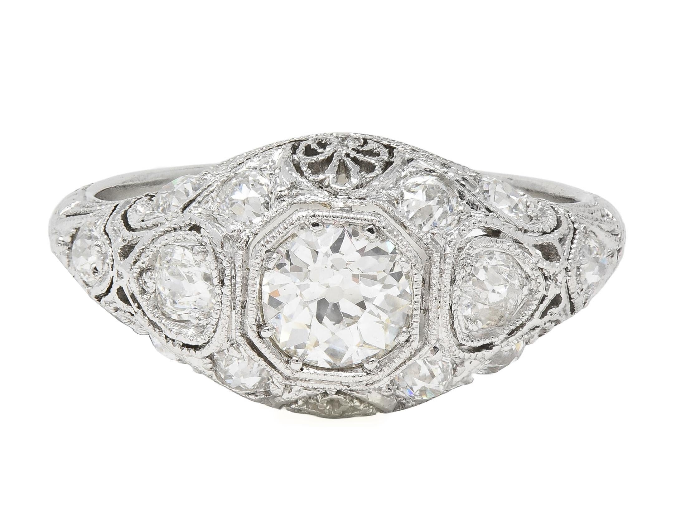 Art Deco 1.50 CTW Old European Diamond Platinum Foliate Vintage Engagement Ring