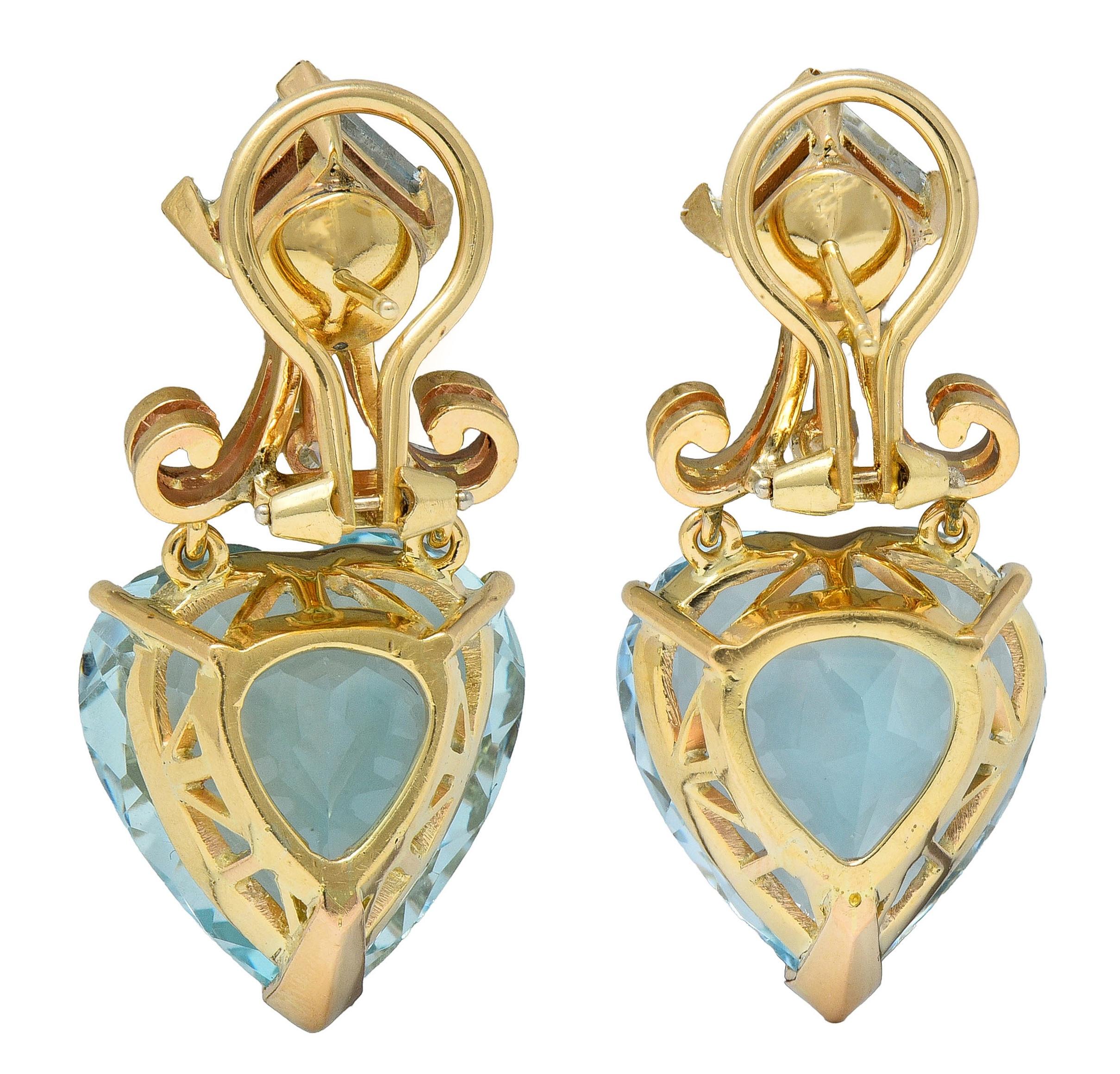 37.52 CTW Aquamarine Diamond 14 Karat Yellow Gold Heart Drop Earrings