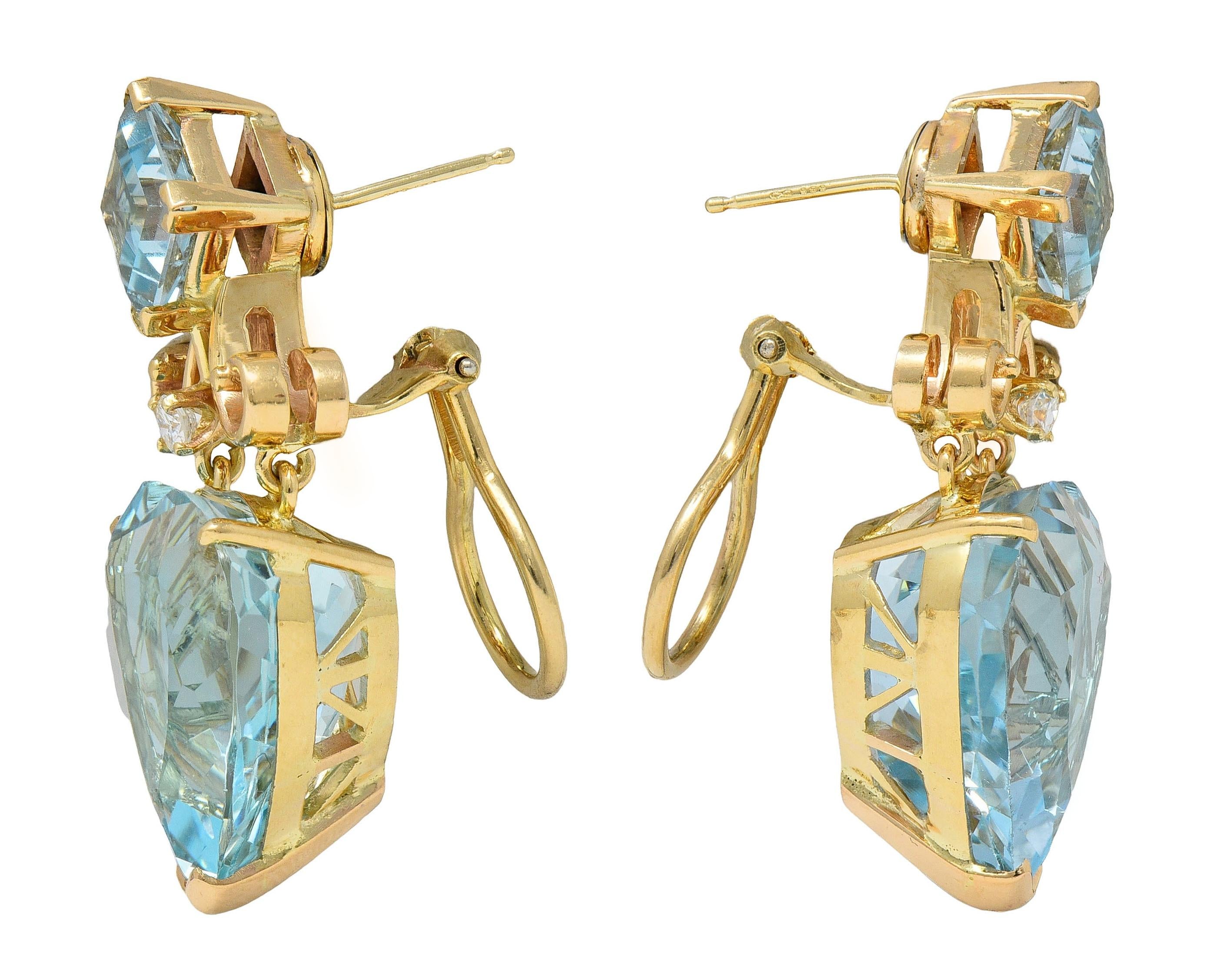 37.52 CTW Aquamarine Diamond 14 Karat Yellow Gold Heart Drop Earrings