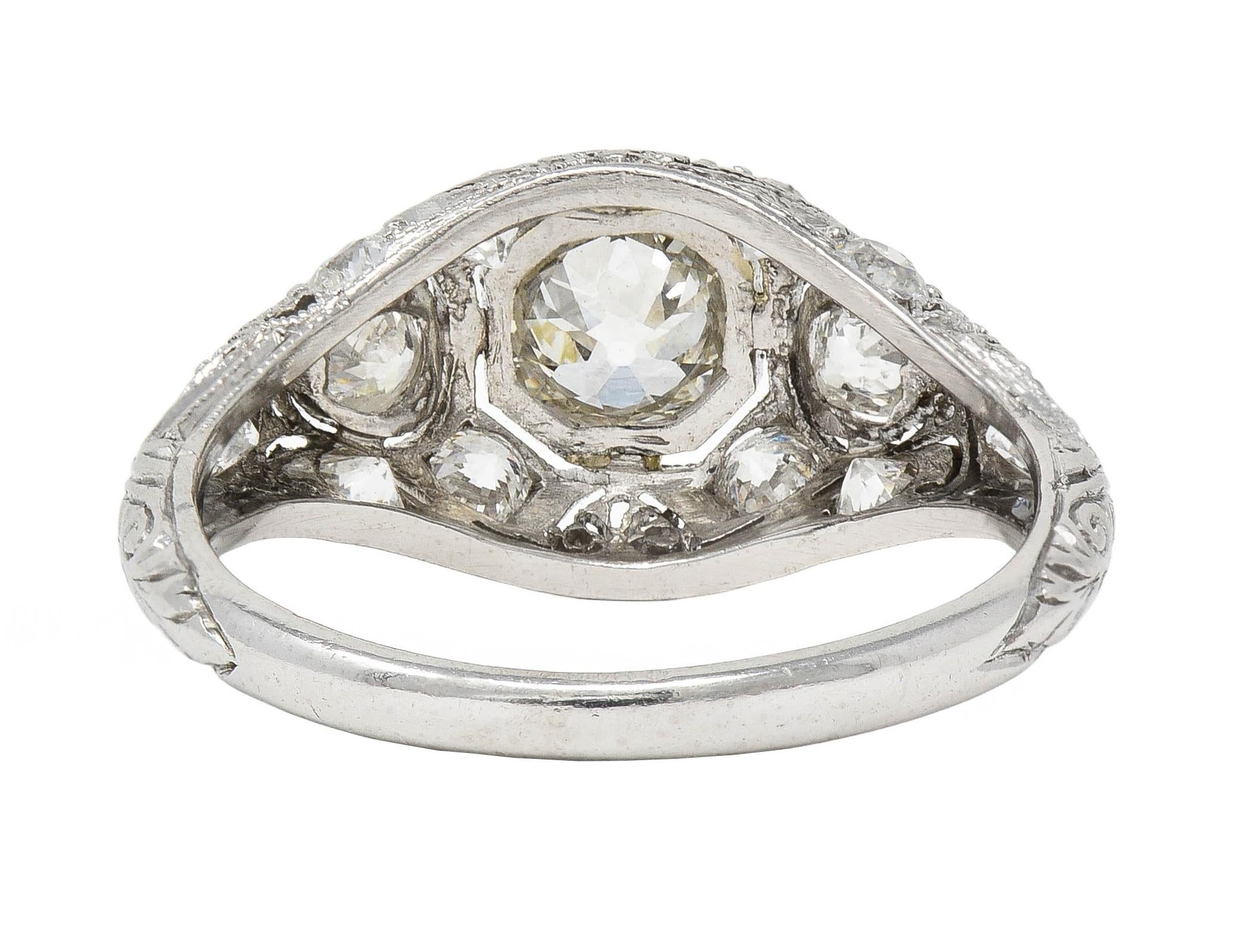 Art Deco 1.50 CTW Old European Diamond Platinum Foliate Vintage Engagement Ring