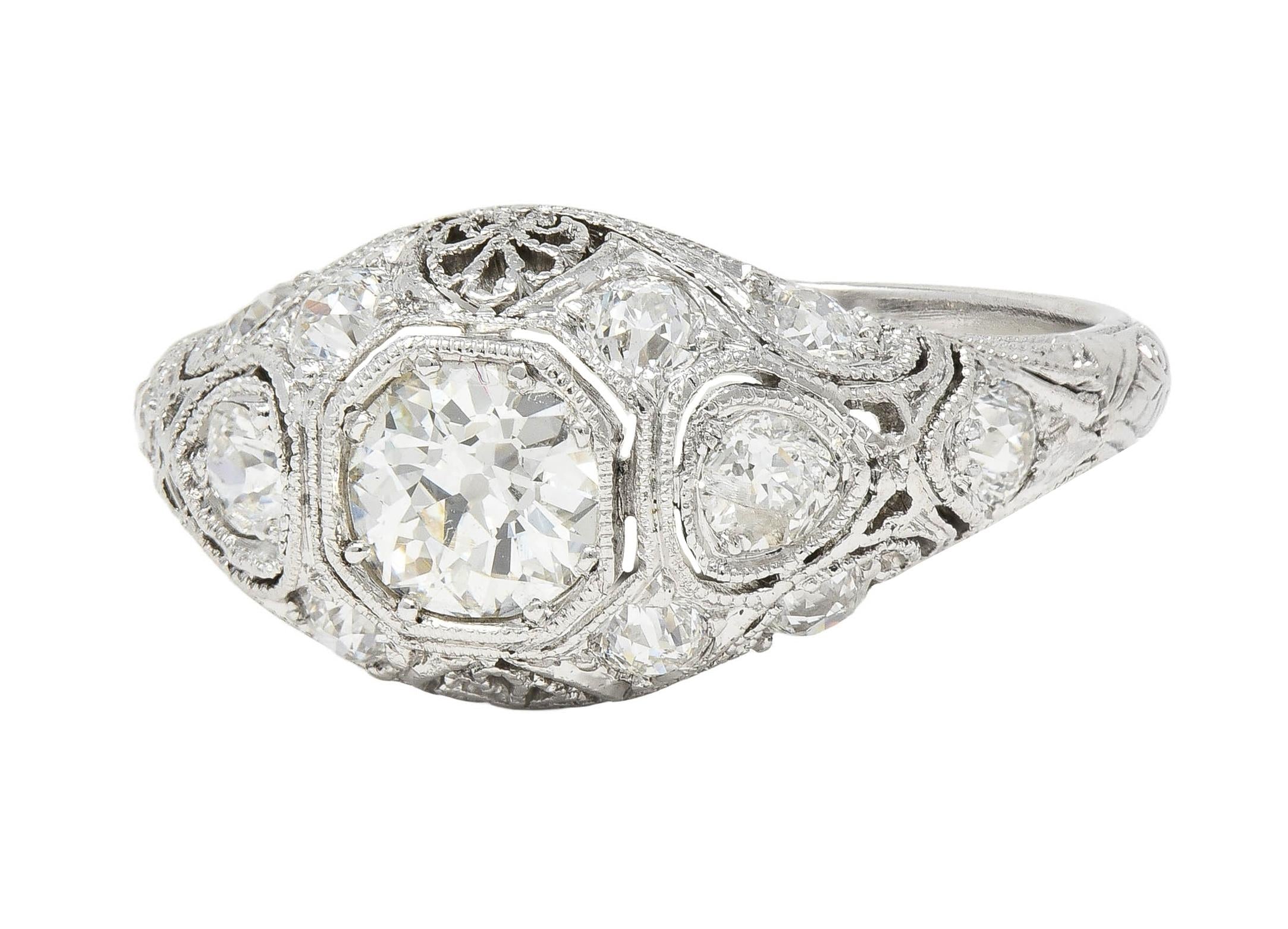 Art Deco 1.50 CTW Old European Diamond Platinum Foliate Vintage Engagement Ring