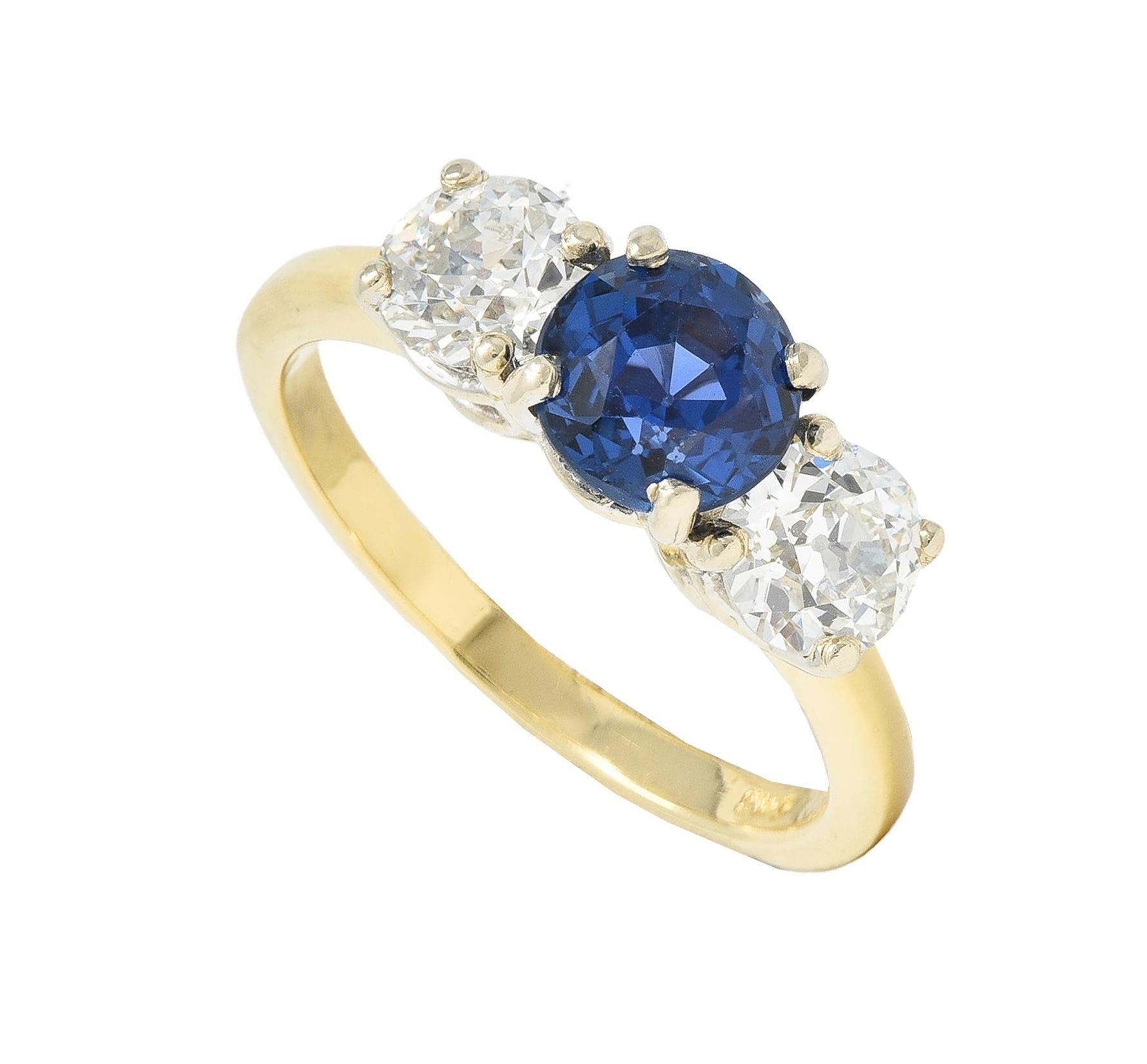 1990's 2.59 CTW No Heat Yogo Sapphire Diamond 14 Karat Gold Three Stone Ring GIA