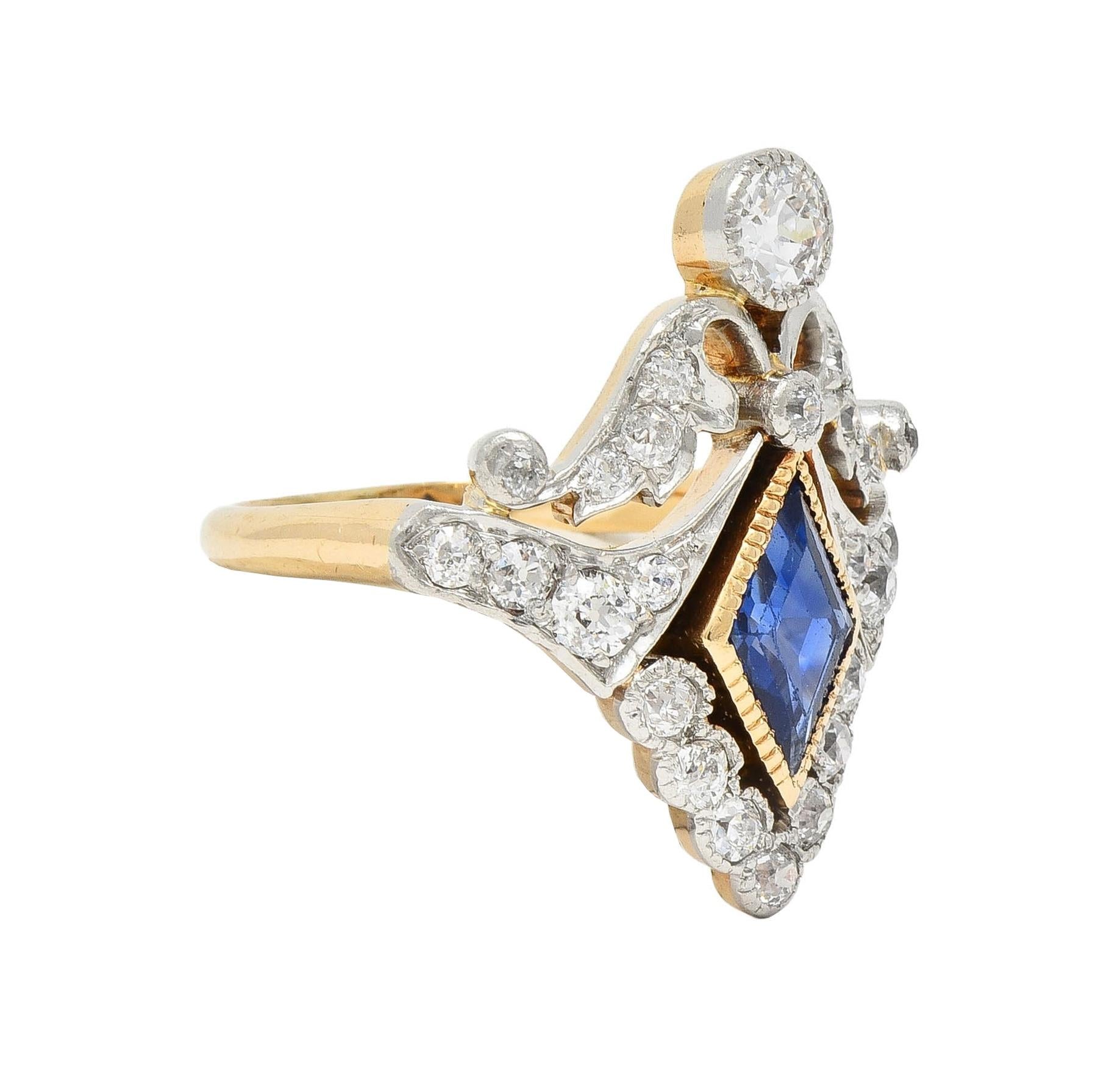 Belle Epoqué 1.32 CTW Sapphire Diamond Platinum 14K Gold Antique Navette Ring