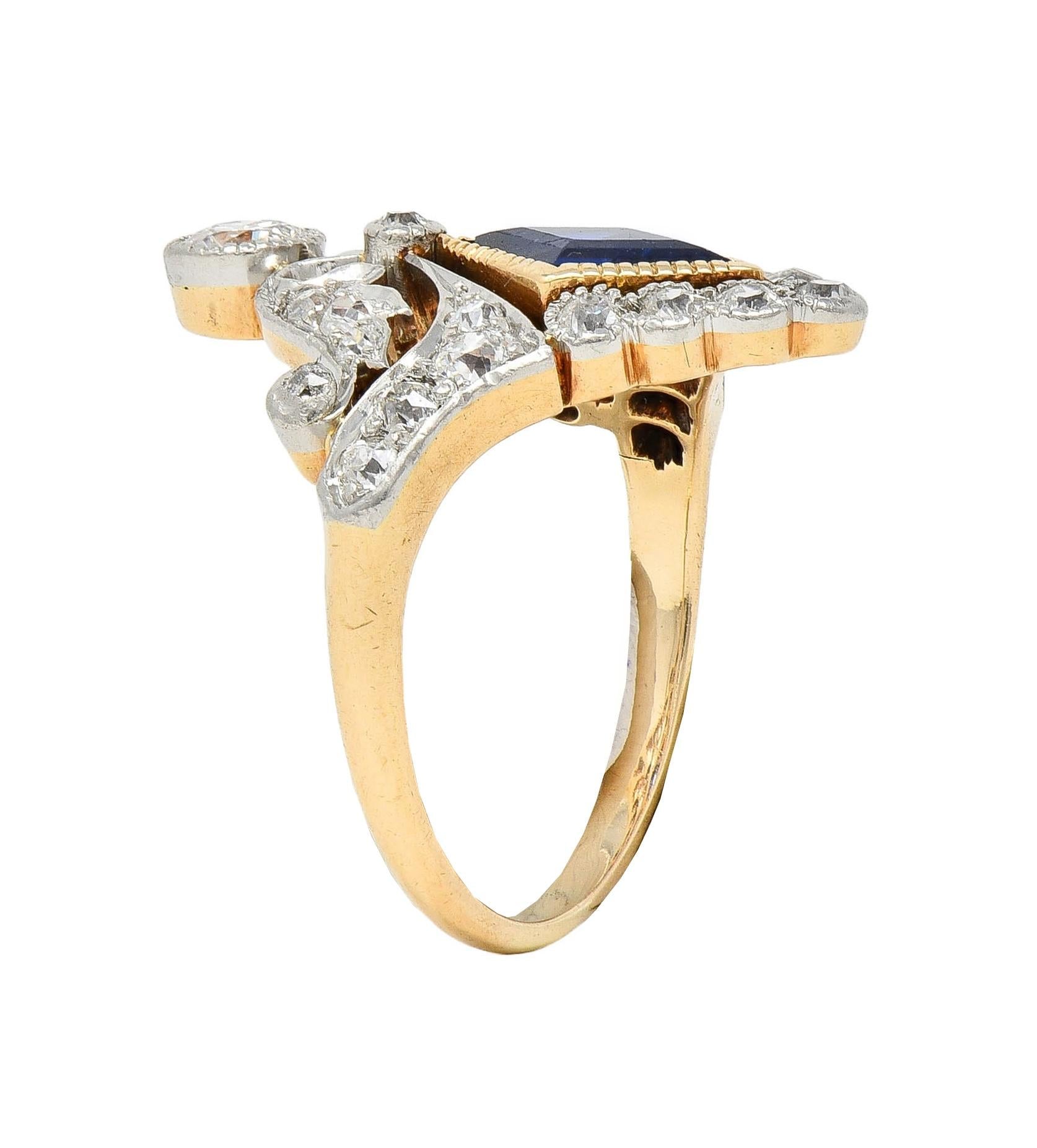 Belle Epoqué 1.32 CTW Sapphire Diamond Platinum 14K Gold Antique Navette Ring