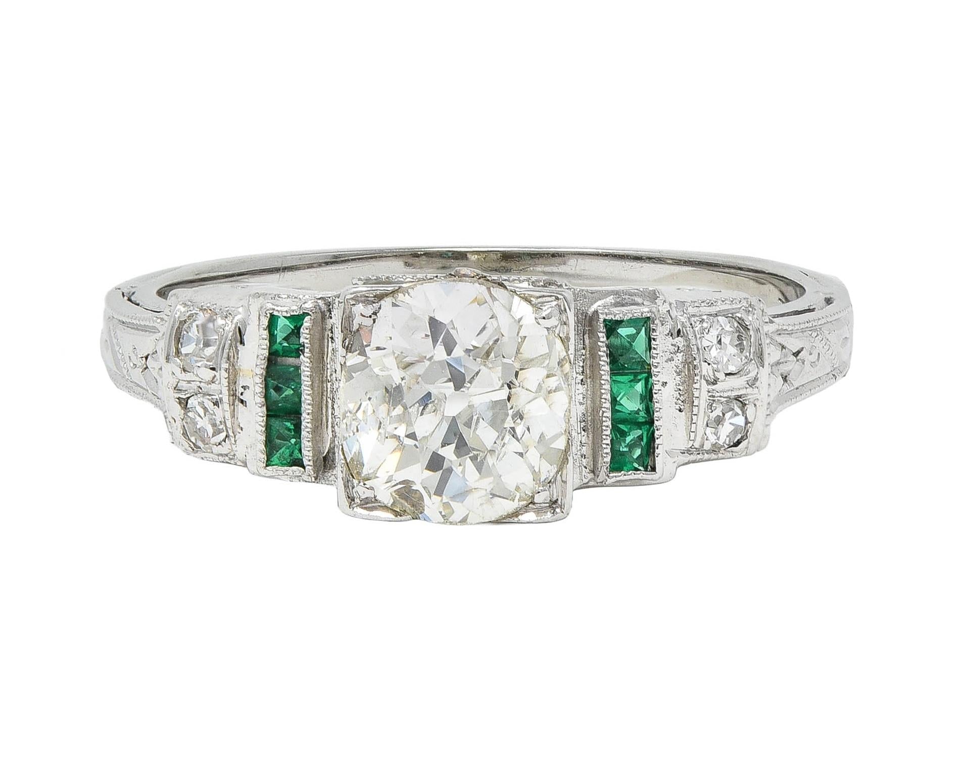 Mid-Century European Diamond Emerald 18 Karat White Gold Vintage Engagement Ring