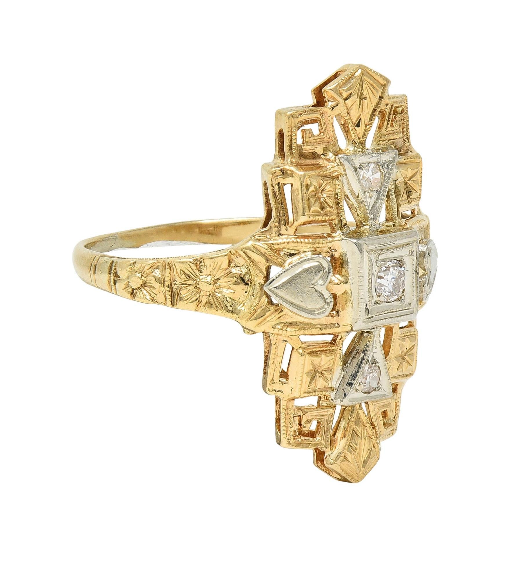 Art Deco Diamond 14 Karat Two-Tone Gold Streamline Heart Navette Dinner Ring