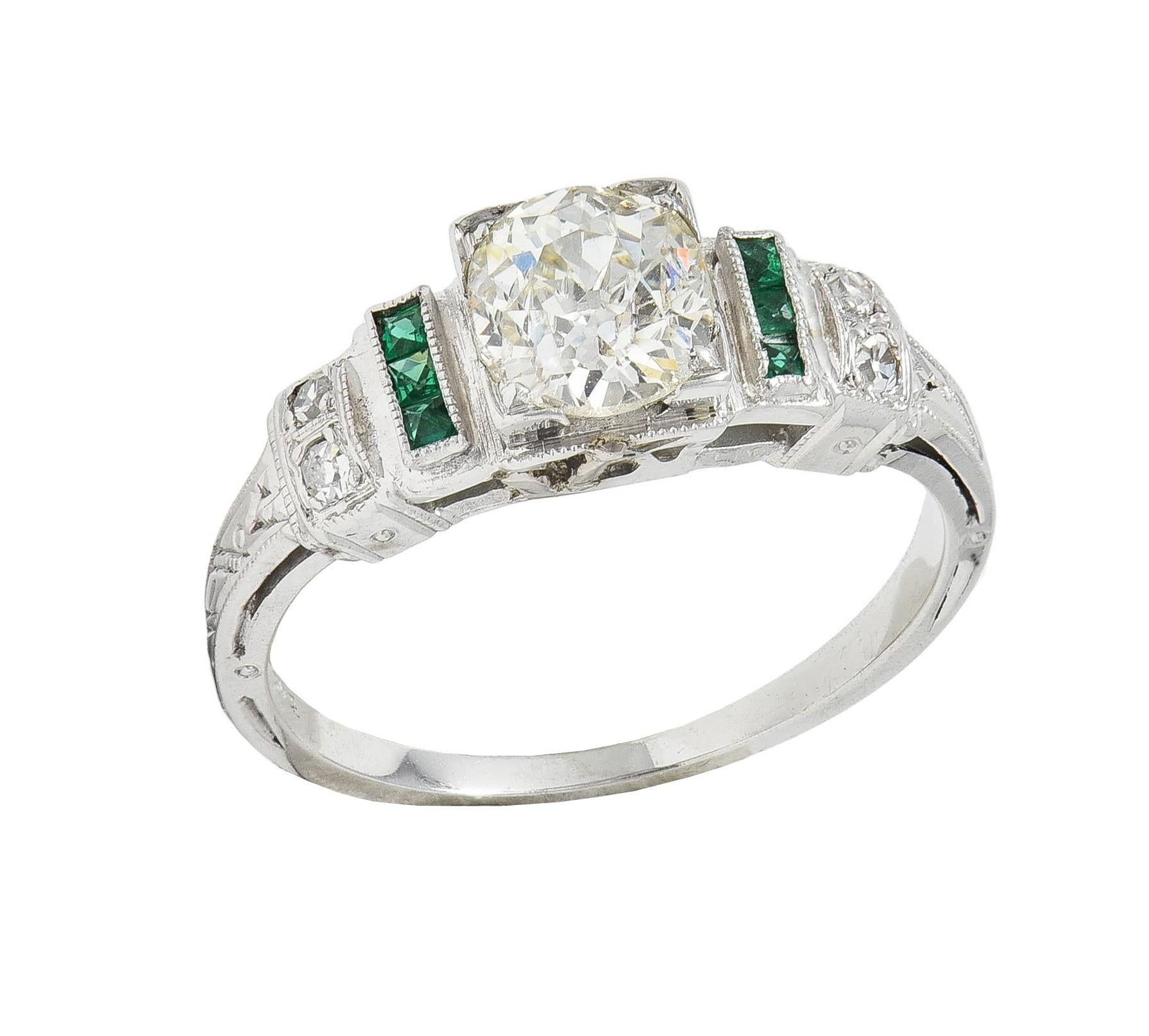 Mid-Century European Diamond Emerald 18 Karat White Gold Vintage Engagement Ring